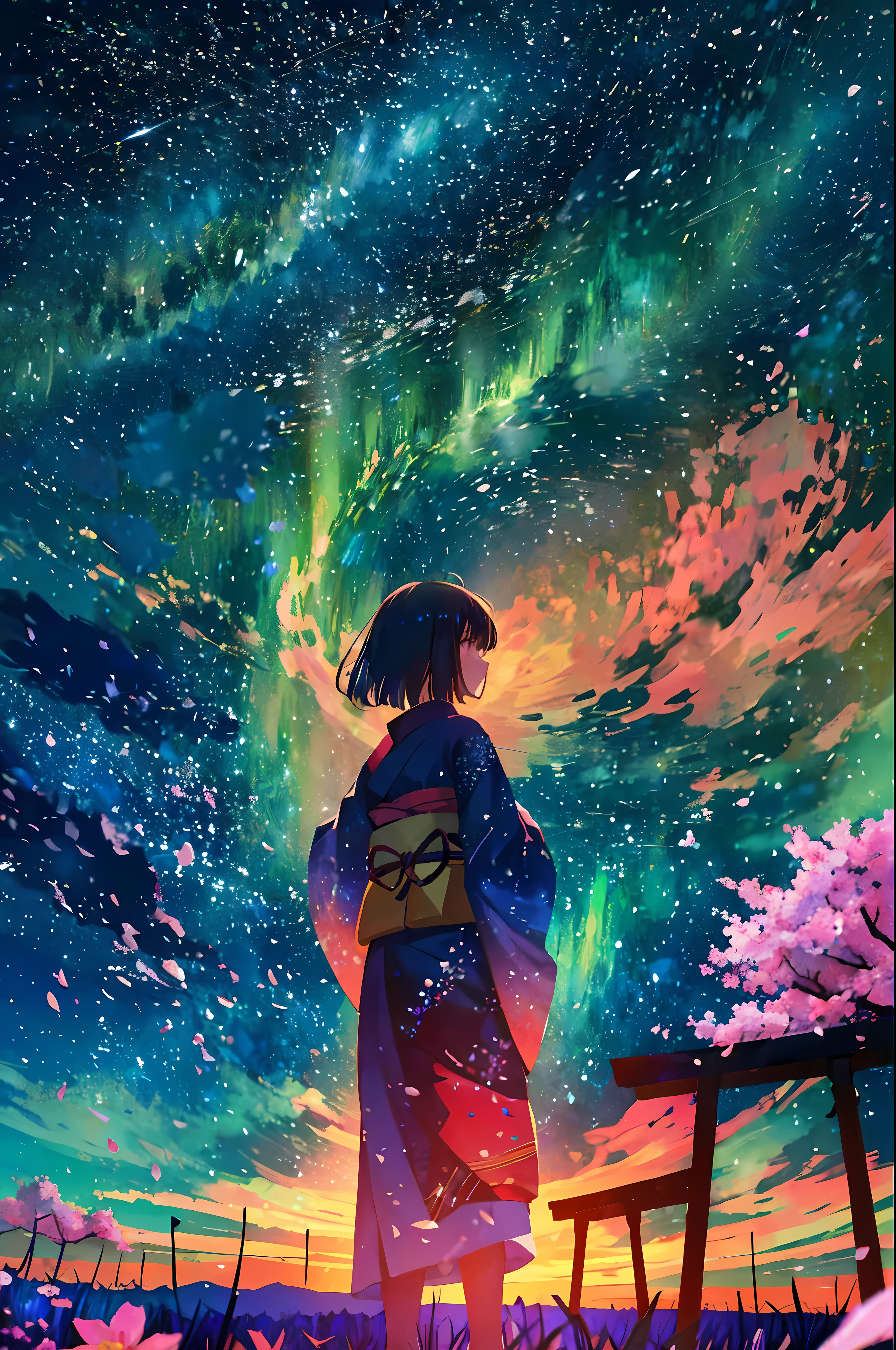 1girl, a distant girl, who wears a kimono, gazes up at the stars in a serene sternennacht, while the sky is lit with the dazzling display of shooting stars. Mit einer verkleinerten Perspektive von 1.1, The scene captures the essence of a Van Gogh-like masterpiece. The vibrant and dynamic colors of the night sky create a psychedelic atmosphere, takes the viewer into a world of ethereal beauty. Der niedrige Winkel, behind the girl, betont ihre kontemplative Haltung, als sie auf einem Feld steht, surrounded by cherry blossoms. Every detail is carefully worked out, to deliver the best quality, mit Wolken, that seem to dance across the sky, und eine sternenklare Weite, die durch ihre strahlende Pracht fasziniert