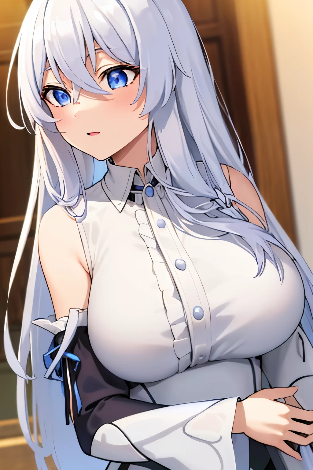 elaina,elaina\(long_sleeved_shirt\),elaina\(skirt\), (masterpiece:1.6, best quality), shiny hair, long hair, White hair , blue eyes, detalles eyes, (((upper body))), big breast happy, indoors, depth of field, black sleeves