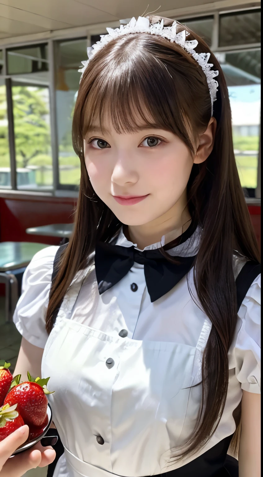 promo photo, The place is a seaside cafeteria，1 girl, 16-year-old face, waitresses, Red-headed twin-tailed, Gentle face, Gothic Lolita half costume and maid costume with strawberry image, Clothes based on white,