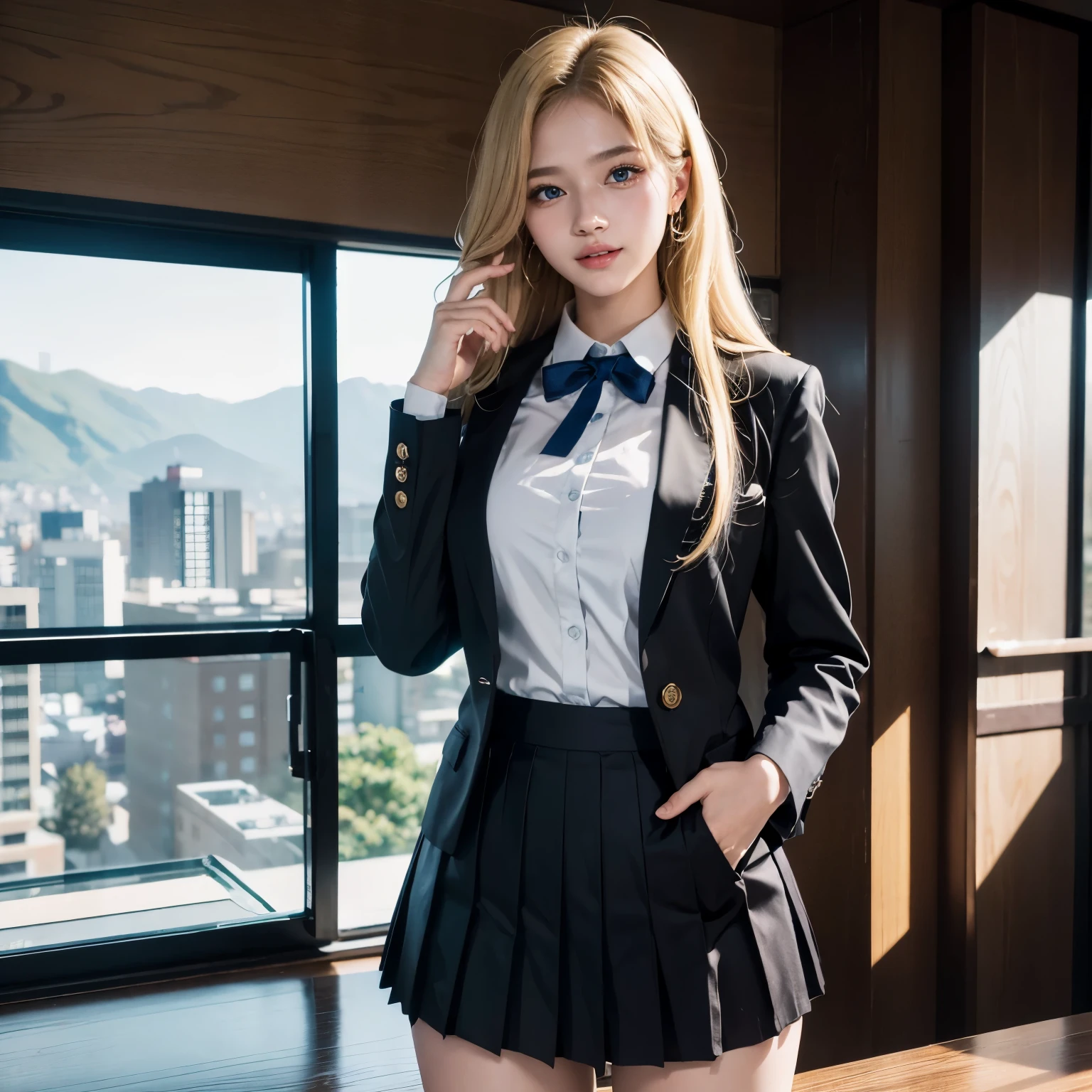 1girl, (Blue Eyes), (smiling :1.2), (beautiful makeup :1.1), (Sana Minatozaki), wide hips, Big , big ass, (Best Quality, 8k, Masterpiece: 1.3), Clear Focus: 1.2, Perfect Body Beauty: 1.4, Highly detailed face and skin texture, detailed eyes, double eyelids, (blonde long hair :1.2), (japanese school uniform), (Blazer uniform brown), (school shirt), (pleated skirt), standing, dynamic pose, in a school, recess, blurred background