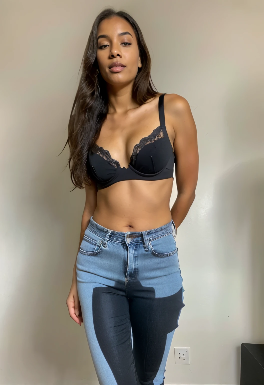 ((2854012297)) Beautiful Somalia / Dominican girl , detailed facial features, with perfect body, beautiful lips , athletic body  ,  slim waist , drop dead gorgeous,   Wearing skin tight high waist jeans ,  black bra , peeing pants hard 