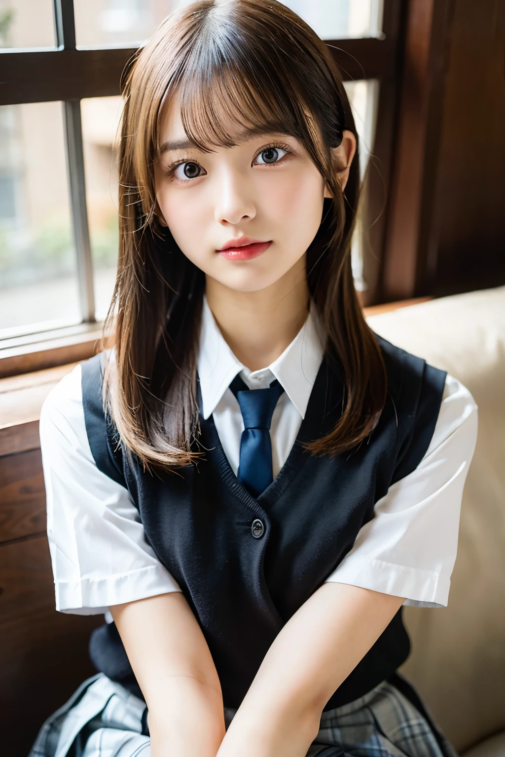 (best quality masterpiece:1.2) , face focus, cinematic lighting,soft light, ultra high res, (photorealistic:1.4), RAW photo,
Japanese idol,Japanese actress , solo, extremely cute and beautiful face , (pupil, lights in the eyes), extremely detailed beautiful face and eyes ,(high resolution detail of human skin texture),shiny skin
(long hair and straight hair;1.3 ),
sit couch,
school uniform, charcoal vest, skirt,
(upper thigh)