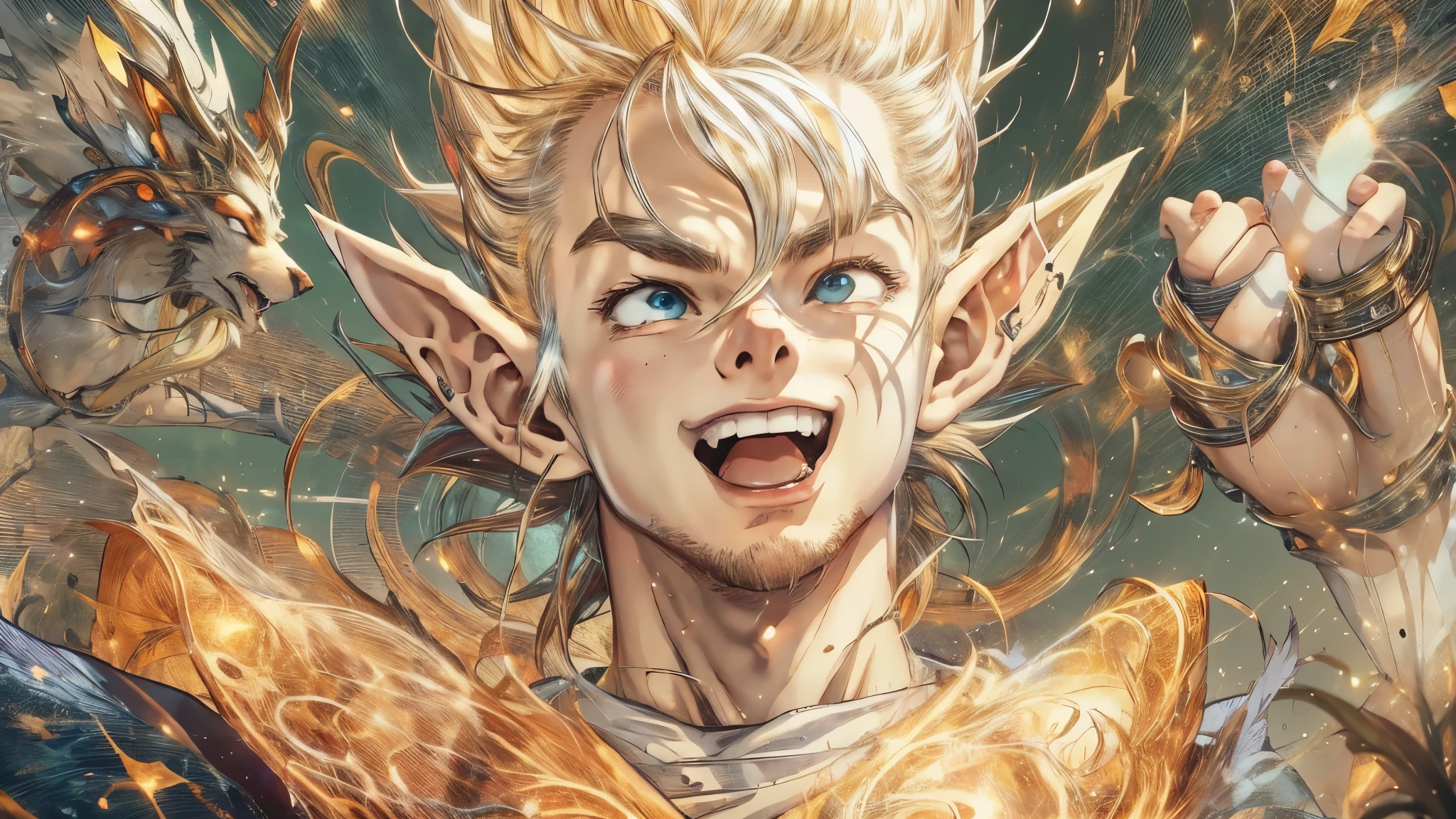 (master piece), 8k, best quality, elf boy, naïve, male, teenager, 14 years old, white skin, thin body, pointed elf ears, beautiful finely detailed silver eyes, high forehead, yellow blonde spiky hair like Gohan from the anime dragon ball (super sayajin), Incredibly handsome, conservative elven outfit, laughing, celebrating victory, excited