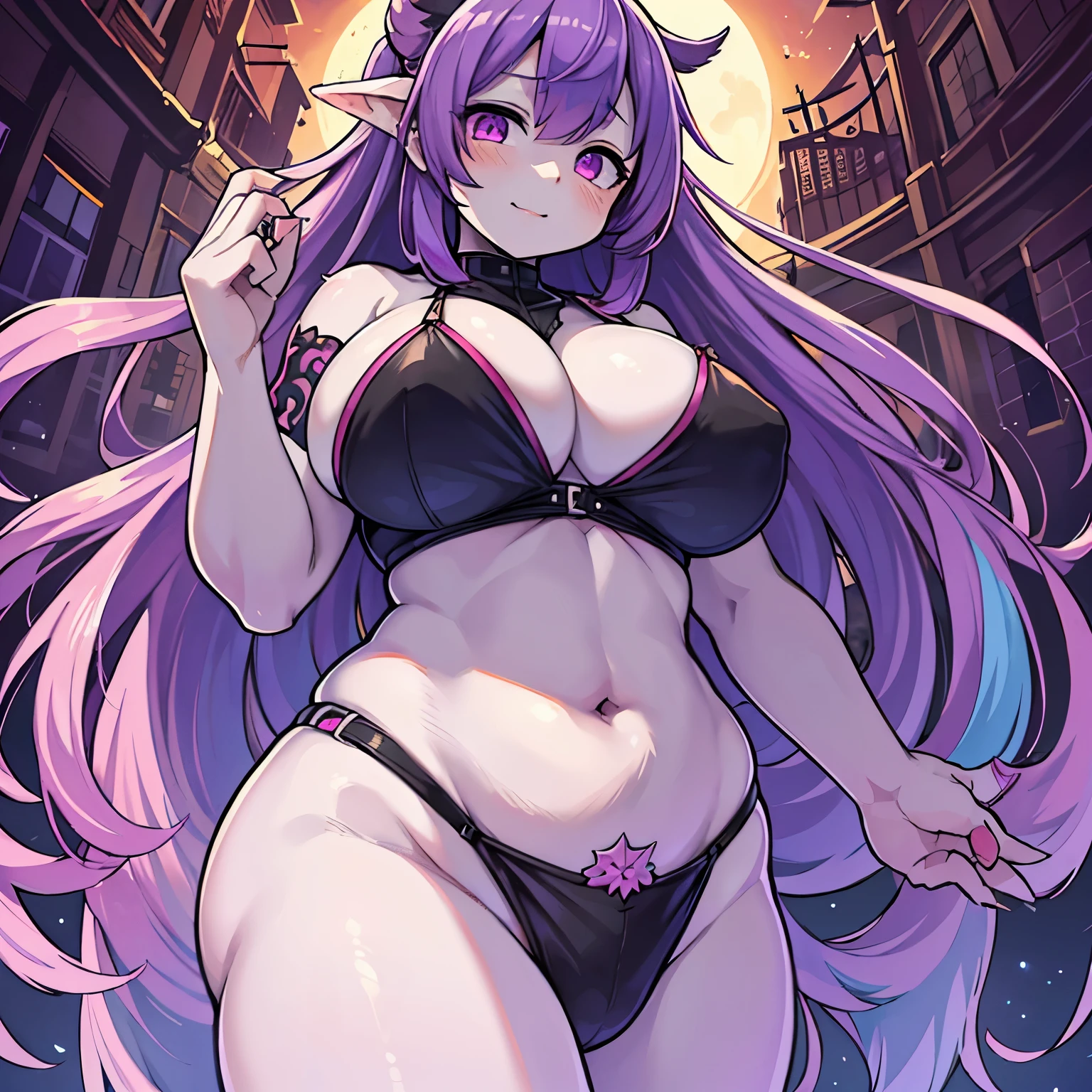(best quality:1.2),ultra-detailed,(realistic:1.37)s sucubus, long-haired woman,purple hair,multi-colored hair,purple hair with blue and pink highlights,multicolored purple and pink eyes,big breasts