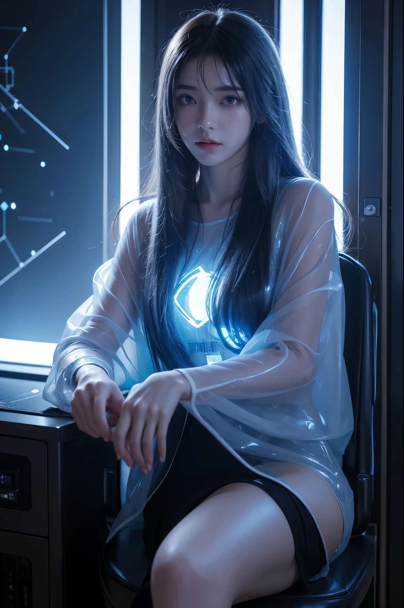 8k, master&#39;s work, Finished Drawing, Focus on the calves, 18-year-old, Wearing transparent science fiction clothing, exquisite face, detailed, hand, ultimate detailed, wonderful, LED interior lighting, cyberpunk style, fiber fiber hair , Glowing blue iris,