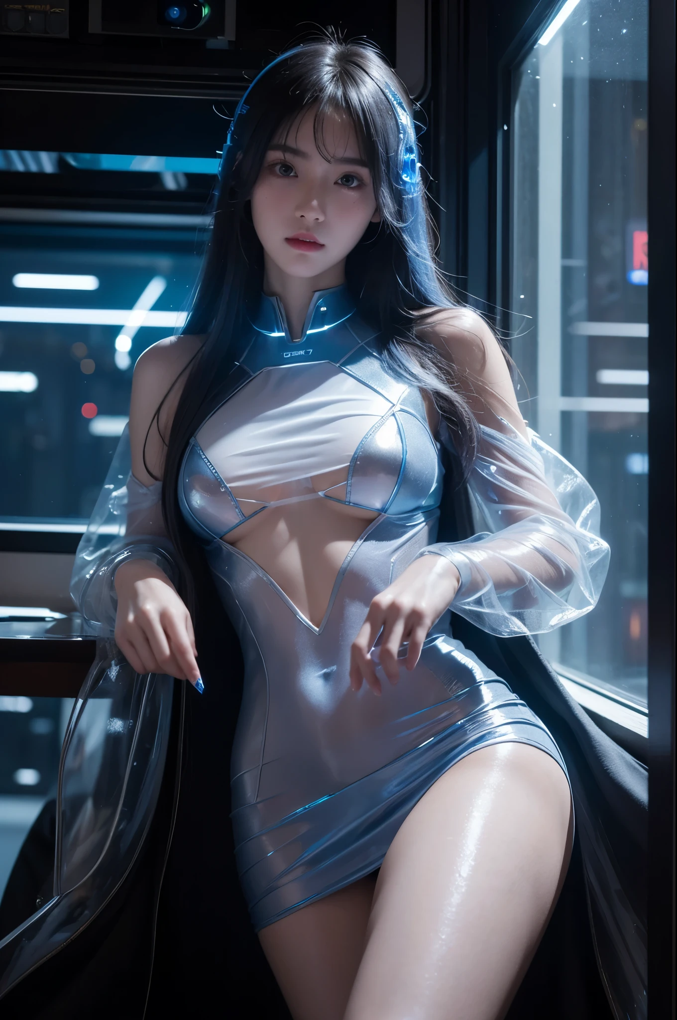 8k, master&#39;s work, Finished Drawing, Focus on the calves, 18-year-old, Wearing transparent science fiction clothing, exquisite face, detailed, hand, ultimate detailed, wonderful, LED interior lighting, cyberpunk style, fiber fiber hair , Glowing blue iris,