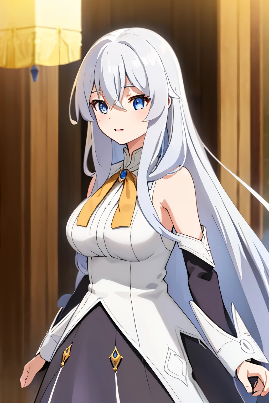 elaina,elaina\(long_sleeved_shirt\),elaina\(skirt\), (masterpiece:1.6, best quality), shiny hair, long hair, White hair , blue eyes, detalles eyes, (((upper body))), big breast happy, indoors, depth of field, black sleeves