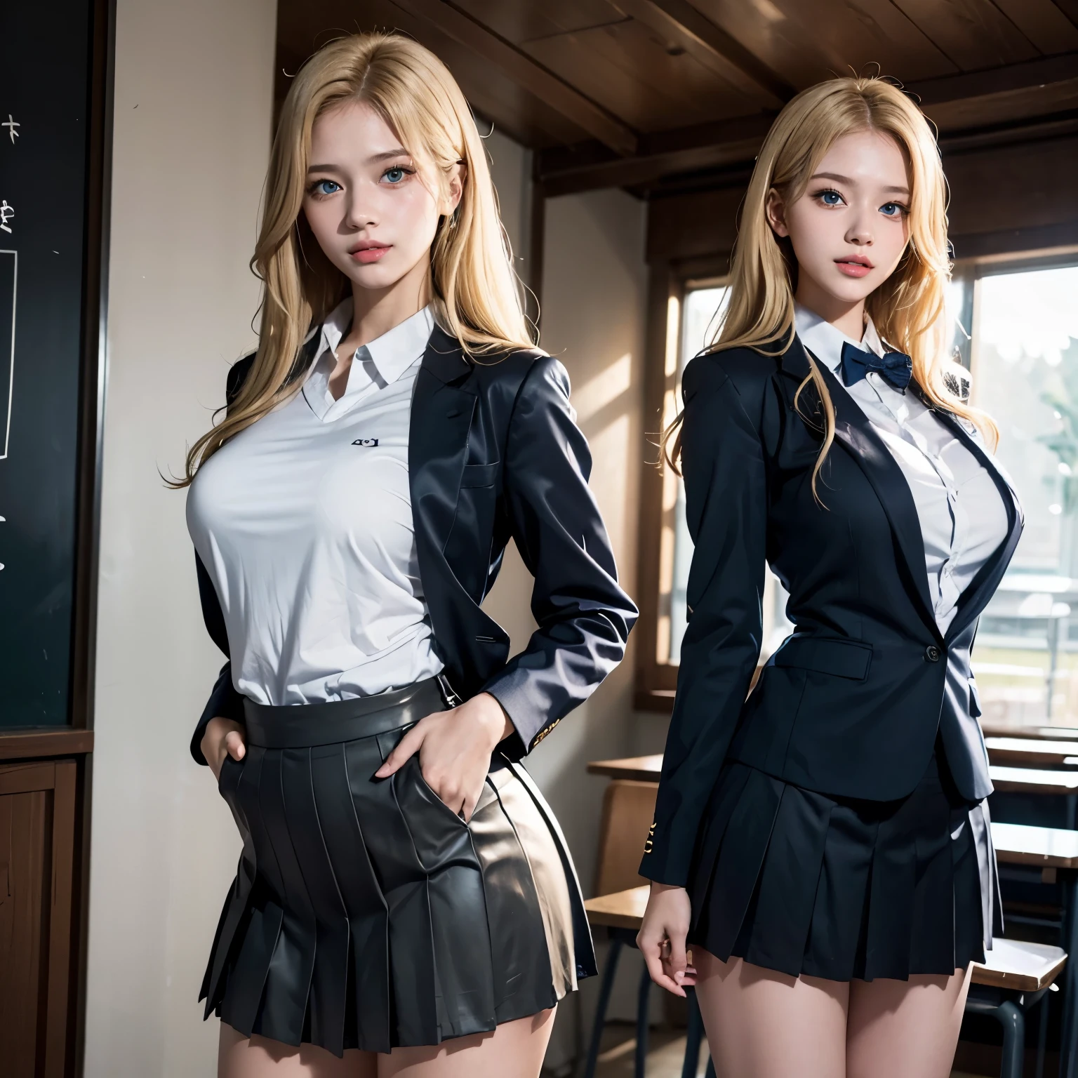 1girl, (Blue Eyes), (smiling :1.2), (beautiful makeup :1.1), (Sana Minatozaki), wide hips, Big , big ass, (Best Quality, 8k, Masterpiece: 1.3), Clear Focus: 1.2, Perfect Body Beauty: 1.4, Highly detailed face and skin texture, detailed eyes, double eyelids, (blonde long hair :1.2), (japanese school uniform), (Blazer uniform brown), (school shirt), (pleated skirt), standing, dynamic pose, in a school, recess, blurred background