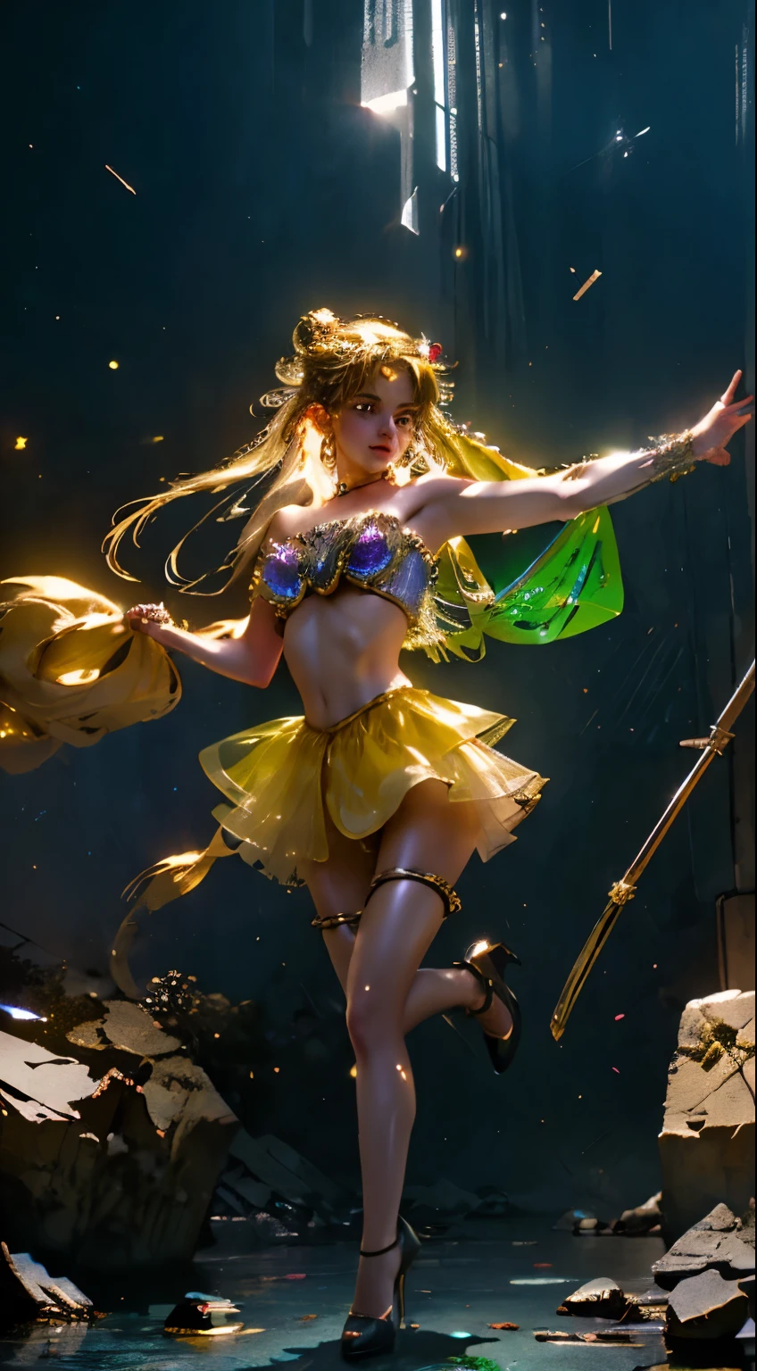 ((Floating in the air)) surrounded by a glowing crystals is a Insanely cute elf with brown eyes and greenish-yellow short wavy hair wearing a strapless sequin tofu and black leather pabts and blue round toe high heels dynamic lighting, plus energy , beams of light and hallows of darkness, cry engine, deviant art,