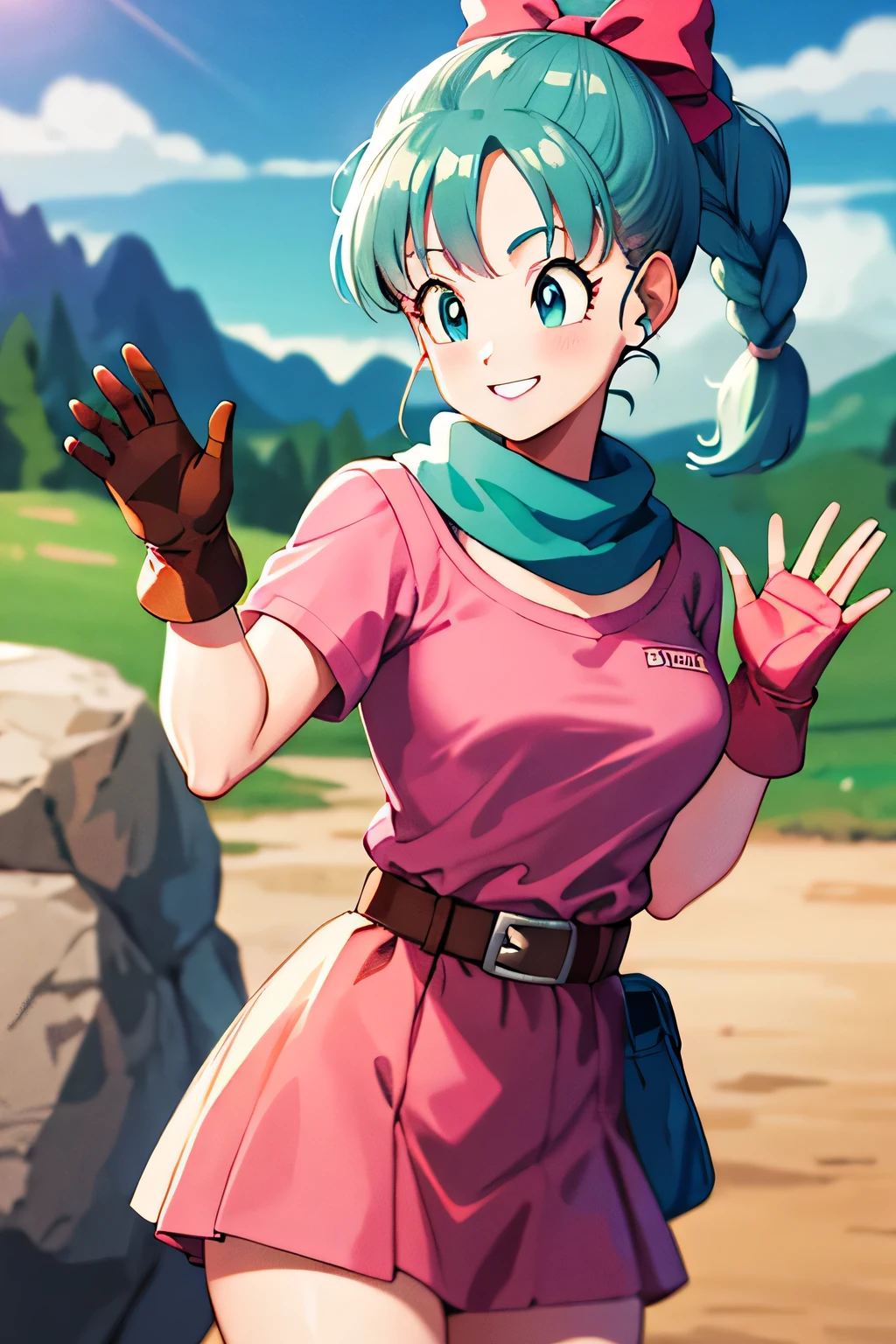 masterpiece, highest quality, High resolution, Dragon Ball, Futebuteshi, aqua hair, hair ribbon, braided ponytail, pink shirt, belt, scarf, pink skirt, write clothes, brown gloves, medium breasts, outdoors, cowboy shot, waving, smile