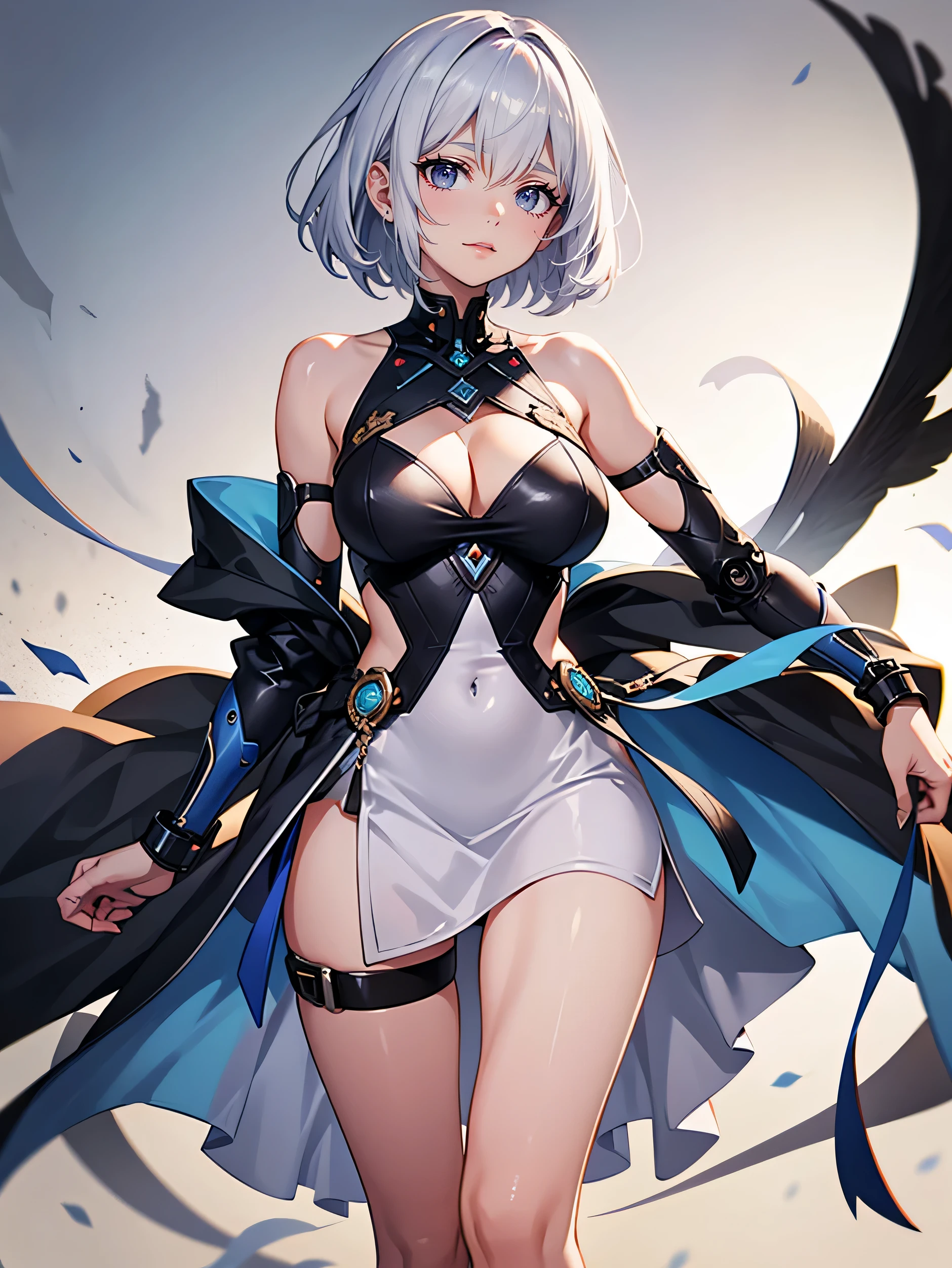 a girl with very short white hair in a giant cybernetic dress, da garota da frente, alta qualidade, premiado, high resolution, 8K Sozinhomastery, Sozinho, 1 garota, Da frente, adolescente, foco, cabelo cortado branco, olhos azuis, vestido longo, adolescente alta, 19 anos, corpo esguio, vestido longo, vestido cobre as pernas, cabelos na cor branca, saia larga, saia longa, sobretudo preto, vestido longo, sem colantes, loose and comfortable dress,, cabelos curtos, Estilo rebelde , foco no rosto, olhando para o espectador , roupa futurista, retrato, olhar confiante, olhos confinantes, heroin, confident expression