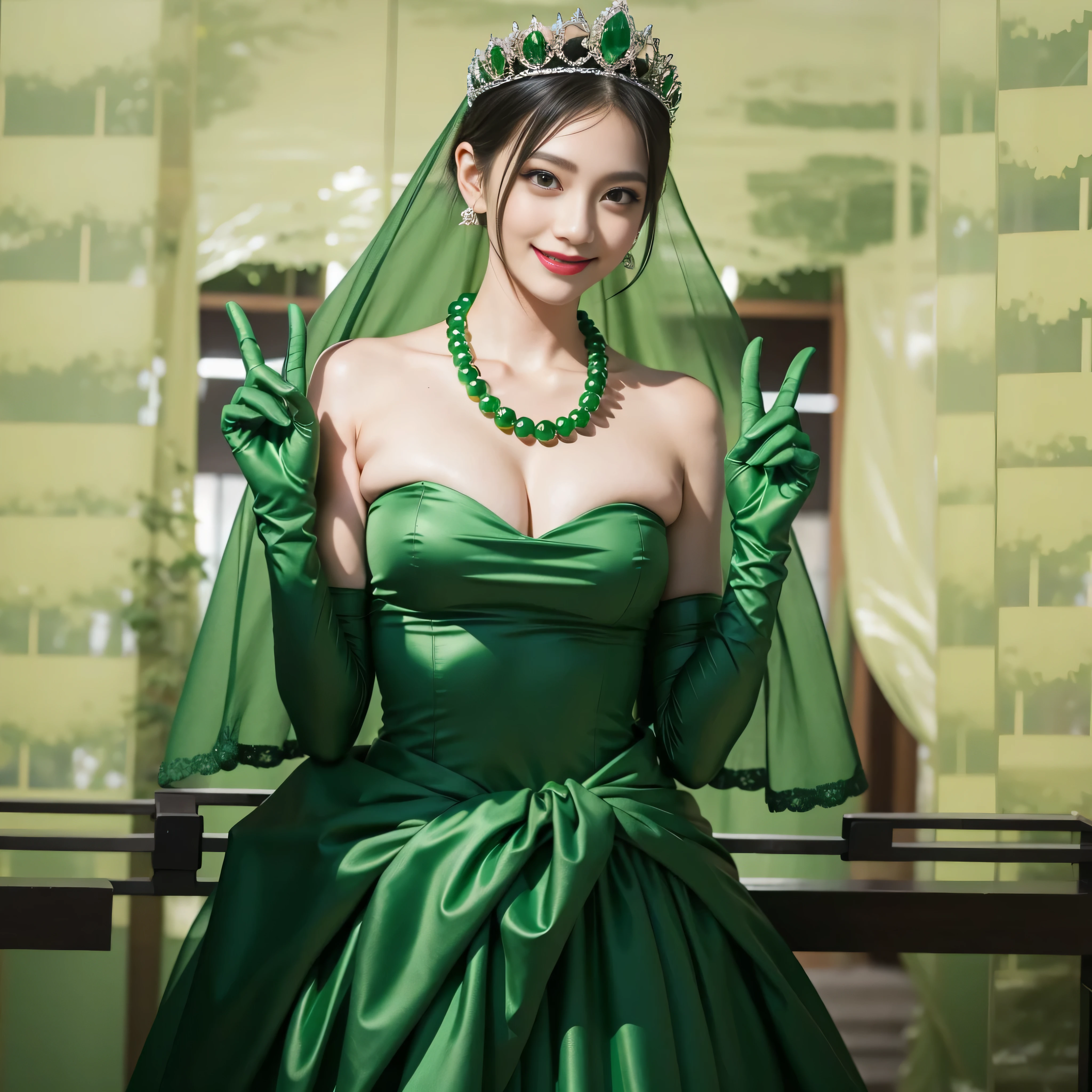 emerald tiara, Green Pearl Necklace, Boyish green berry short hair, lipstick, Smiling Japan woman, very short hair, big breasts beautiful, green eyes, Green long gloves made of satin material, green eyes, v sign, emerald earrings, green gloss
