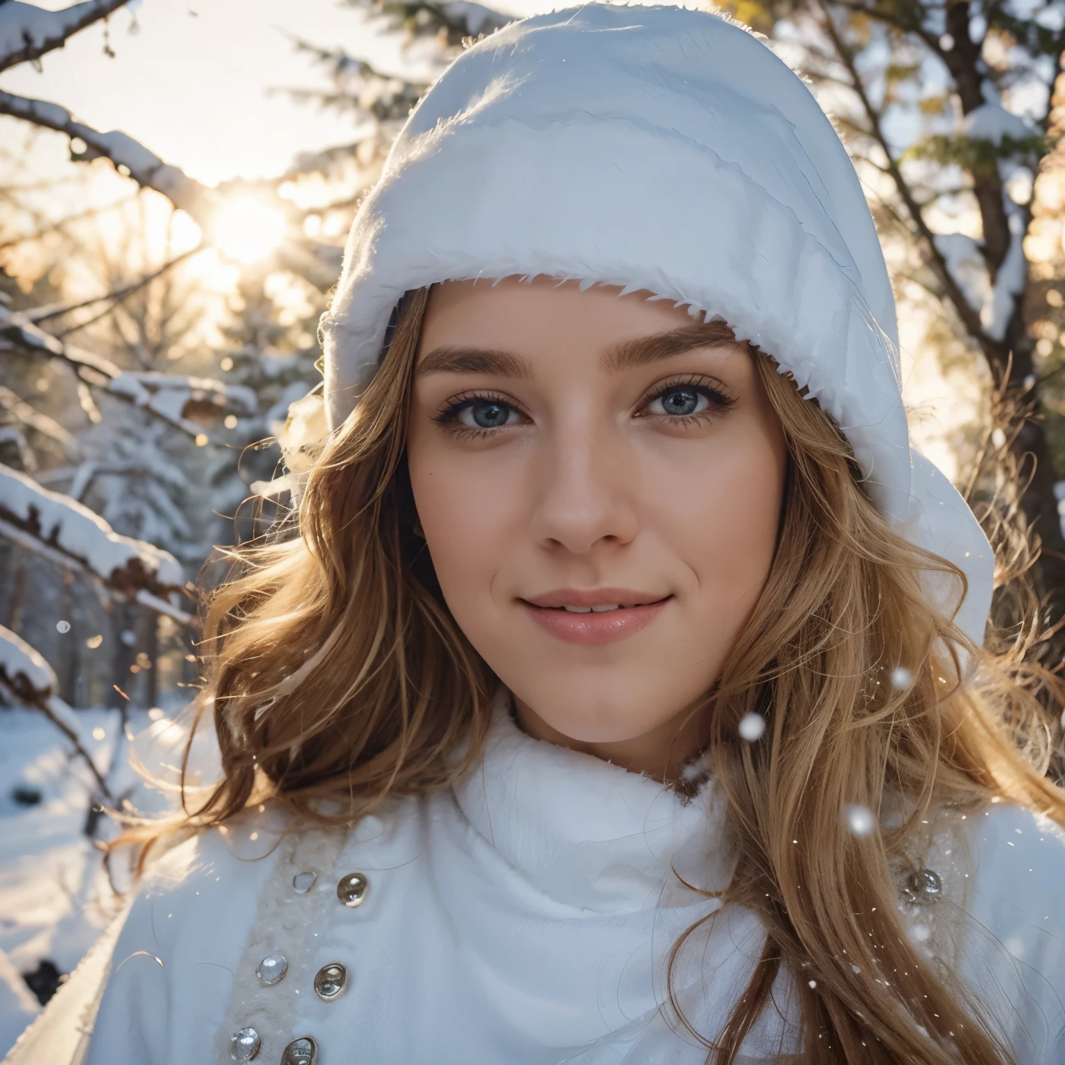 FRW, Very detailed CG Unity 8k wallpaper, a cute 18-year-old cute blonde Polish woman, a beautiful girl, a wonderful goddess, hot maiden, big breasts, blue eyes, pale skin (a masterpiece, beautiful person, well detailed face polluted smile, photorealistic, hyperrealistic), white cold clothes, fuzzy white cap, white blouse, wearing white gloves, rubbing hands warming up in a snowy street (blue open sky),  and smiling (light lighting).