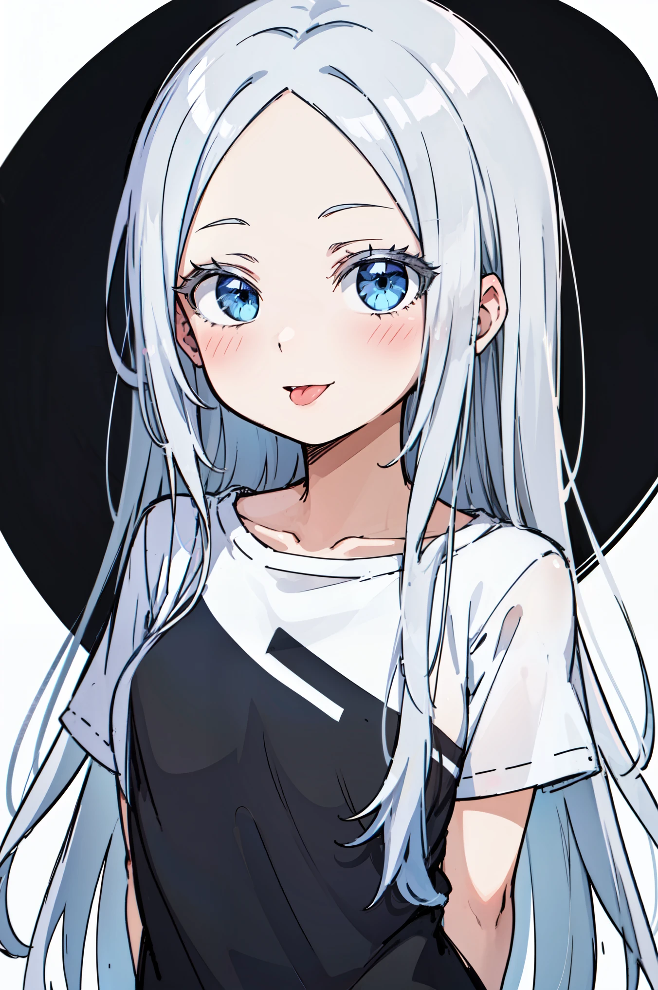 (masterpiece, best quality, ultra high quality, by quan, by mappa, sketch:1.1), ((portrait)), 1girl, solo, pandora, blue eyes, very long hair, grey hair, white hair, white eyelashes, forehead, blush, bangs, small breasts, parted bangs, barefoot, neutral, innexpressive, small smile, (tongue out, :P), silly, (alternate costume), t-shirt, black shirt, oversized shirt, (arms behind back), upper body, standing,, isometric lightning, white background, simple background