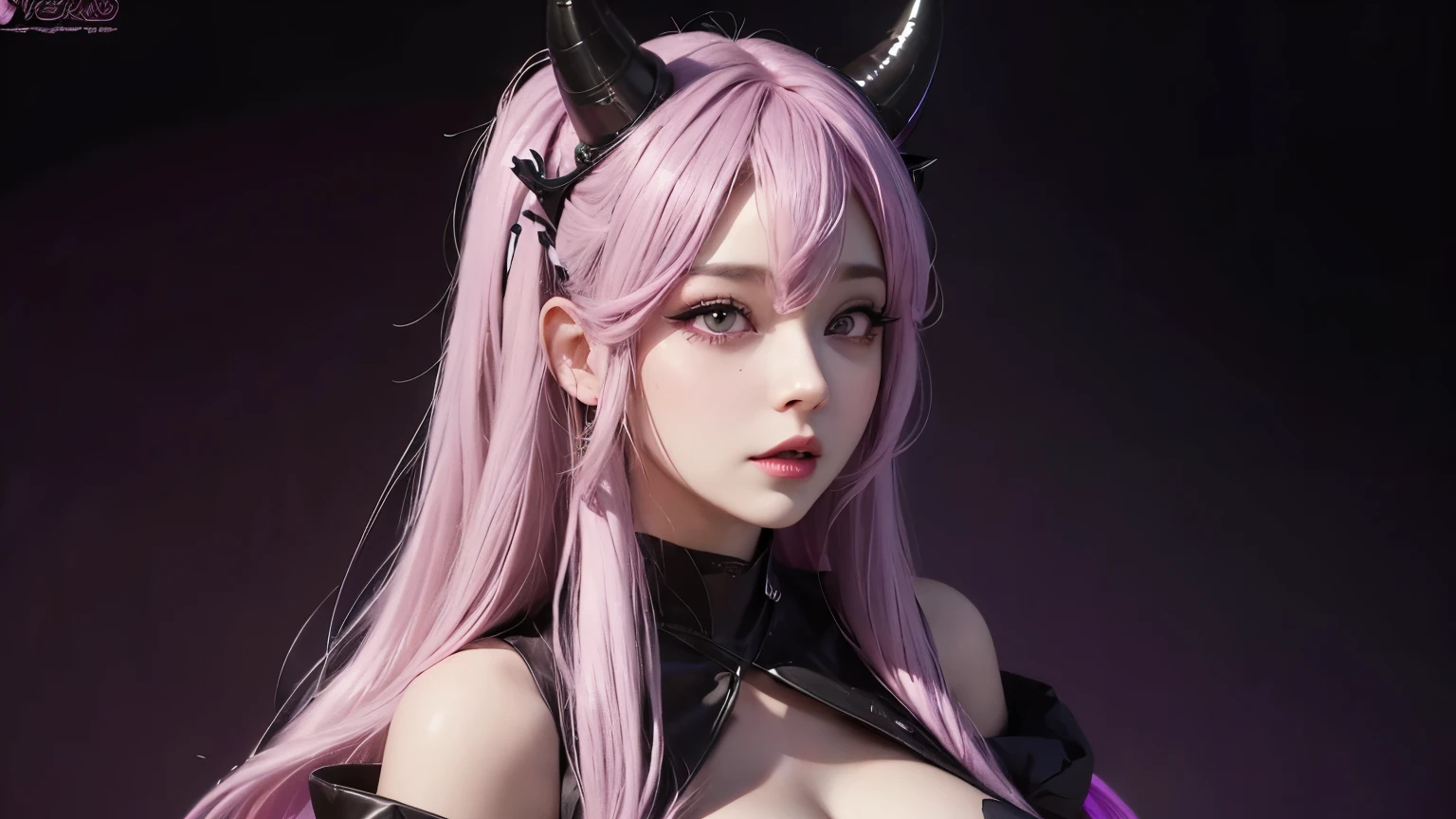 A succubus mommy with long light purple pink hair, black horn in the head, beuty detailed face, good quality, perfect big booba, wearing a black dress