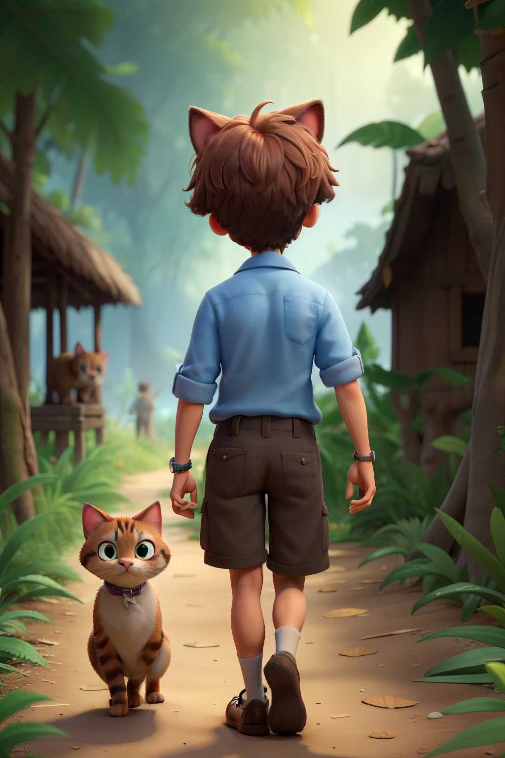 ((best quality)), ((masterpiece)), (detailed), perfect face, a girl and boy walking in a jungle, cat pet, camera shot from behind them, animation style