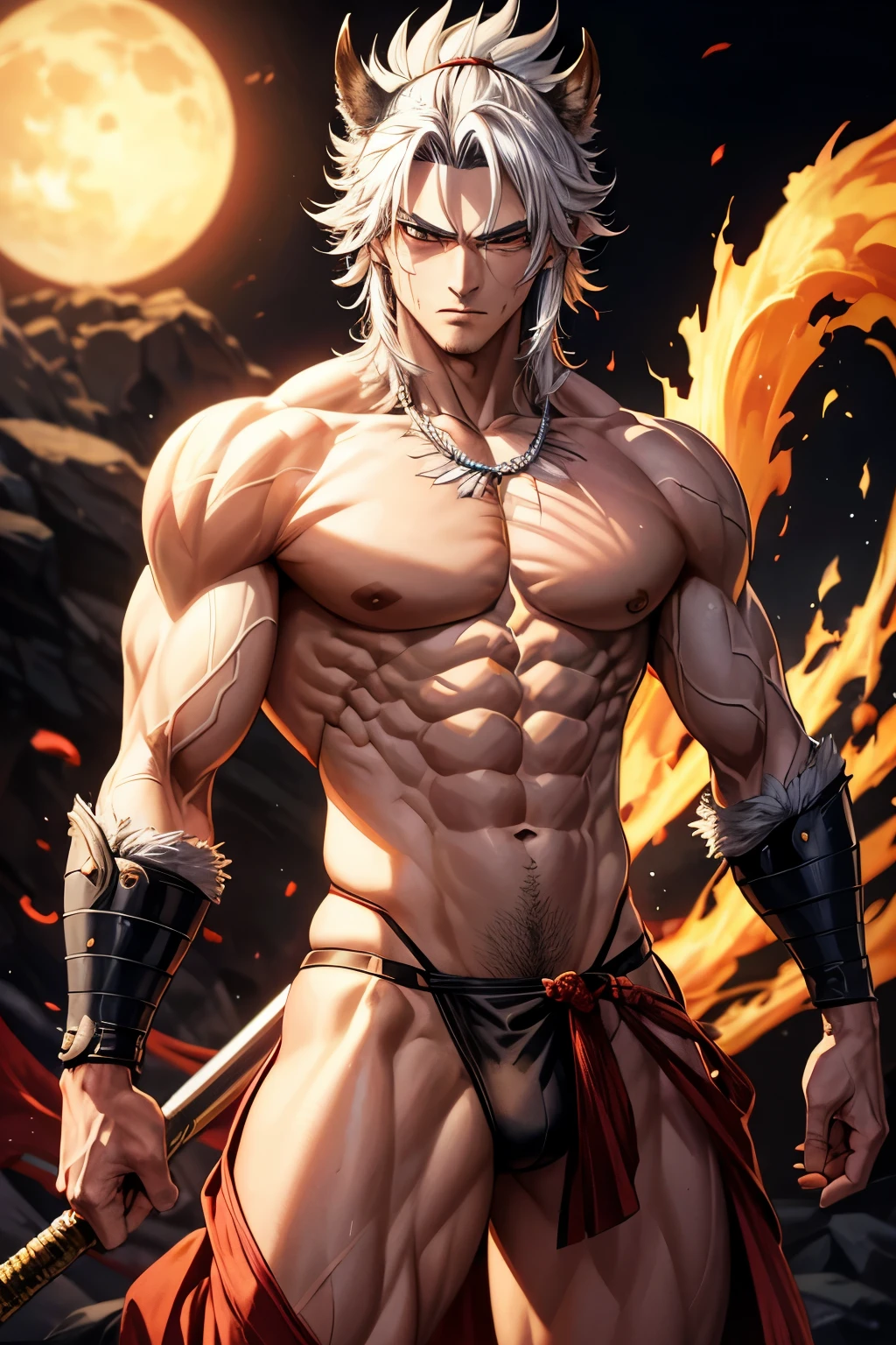 Rengoku, the valiant Demon Slayer, stands boldly in a heroic pose, exuding an aura of strength and determination. His muscles ripple under the hyperrealistic, Sun-kissed surface of his skin, giving a lifelike effect that leaves one in awe. The leopard underwear he wears beneath his renowned Demon Slayer attire adds an alluring and intriguing touch to his formidable presence. This masterpiece, boasting the best quality, high-resolution image (1.2), showcases every minute detail - from Rengoku's fierce eyes to the individual strands of his short hair. This hyperrealistic artwork,