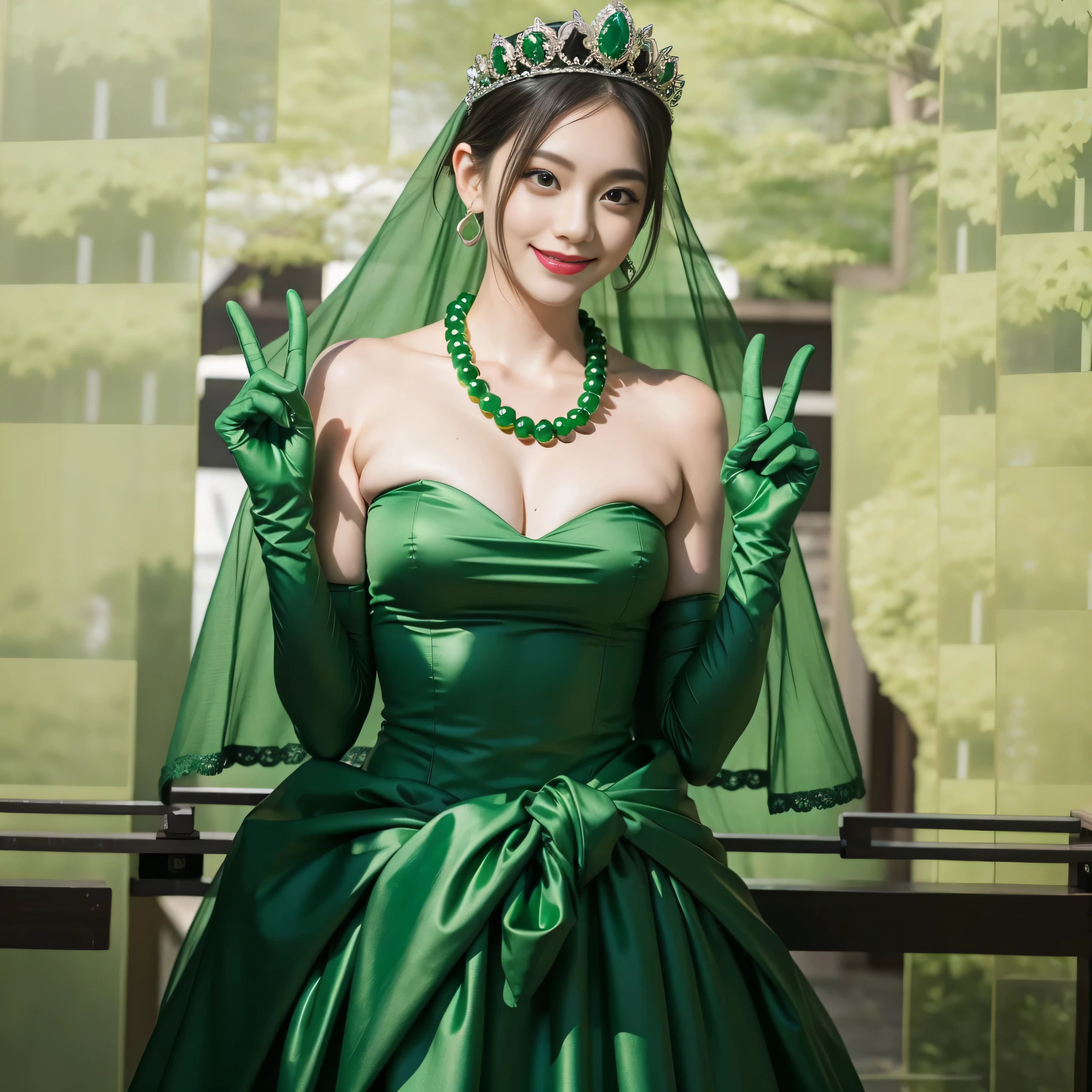 emerald tiara, Green Pearl Necklace, Boyish green berry short hair, lipstick, Smiling Japan woman, very short hair, big breasts beautiful, green eyes, Green long gloves made of satin material, green eyes, v sign, emerald earrings, green gloss