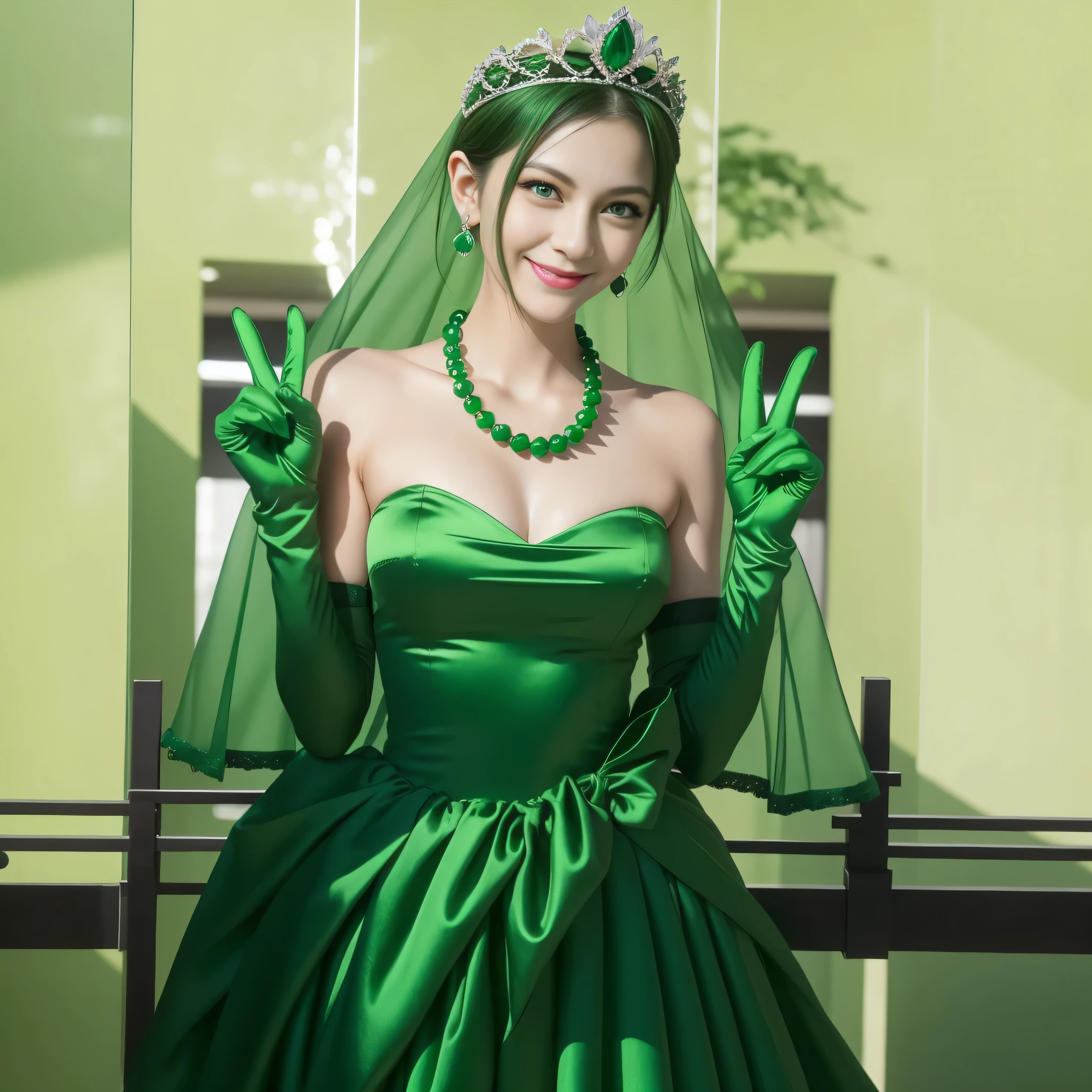 emerald tiara, Green Pearl Necklace, Boyish green berry short hair, lipstick, Smiling Japan woman, very short hair, big breasts beautiful, green eyes, Green long gloves made of satin material, green eyes, v sign, emerald earrings, green gloss
