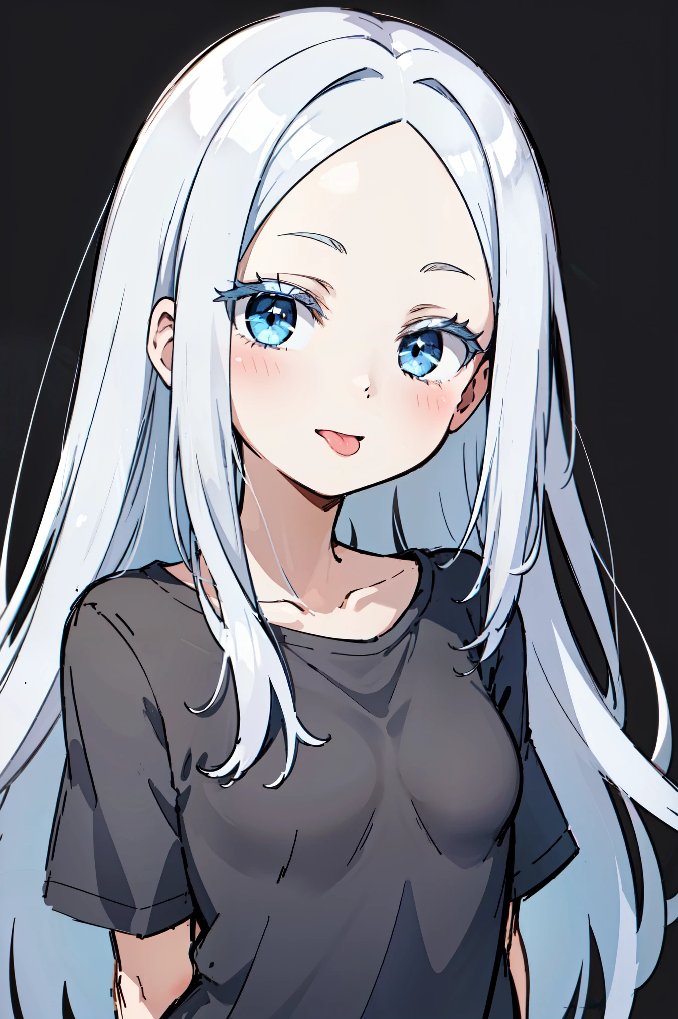 (masterpiece, best quality, ultra high quality, by quan, by mappa, sketch:1.1), ((portrait)), 1girl, solo, pandora, blue eyes, very long hair, grey hair, white hair, white eyelashes, forehead, blush, bangs, small breasts, parted bangs, barefoot, neutral, innexpressive, small smile, (tongue out, :P), silly, (alternate costume), t-shirt, black shirt, oversized shirt, (arms behind back), upper body, standing,, isometric lightning, white background, simple background