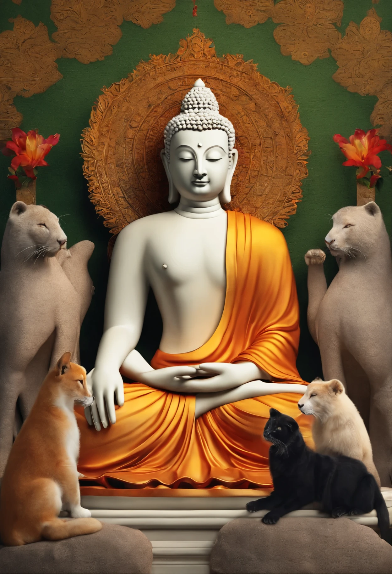 buda meditando con animales a su alredor