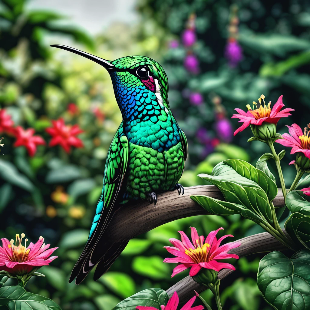 Hummingbird, aesthetic, extremely detailed, a blue and green hummingbird in a garden. hyper-realistic. maximalist, intricate details, HDR, beautifully shot, hyperrealistic, sharp focus,  megapixels, perfect composition, high contrast, cinematic, atmospheric, moody