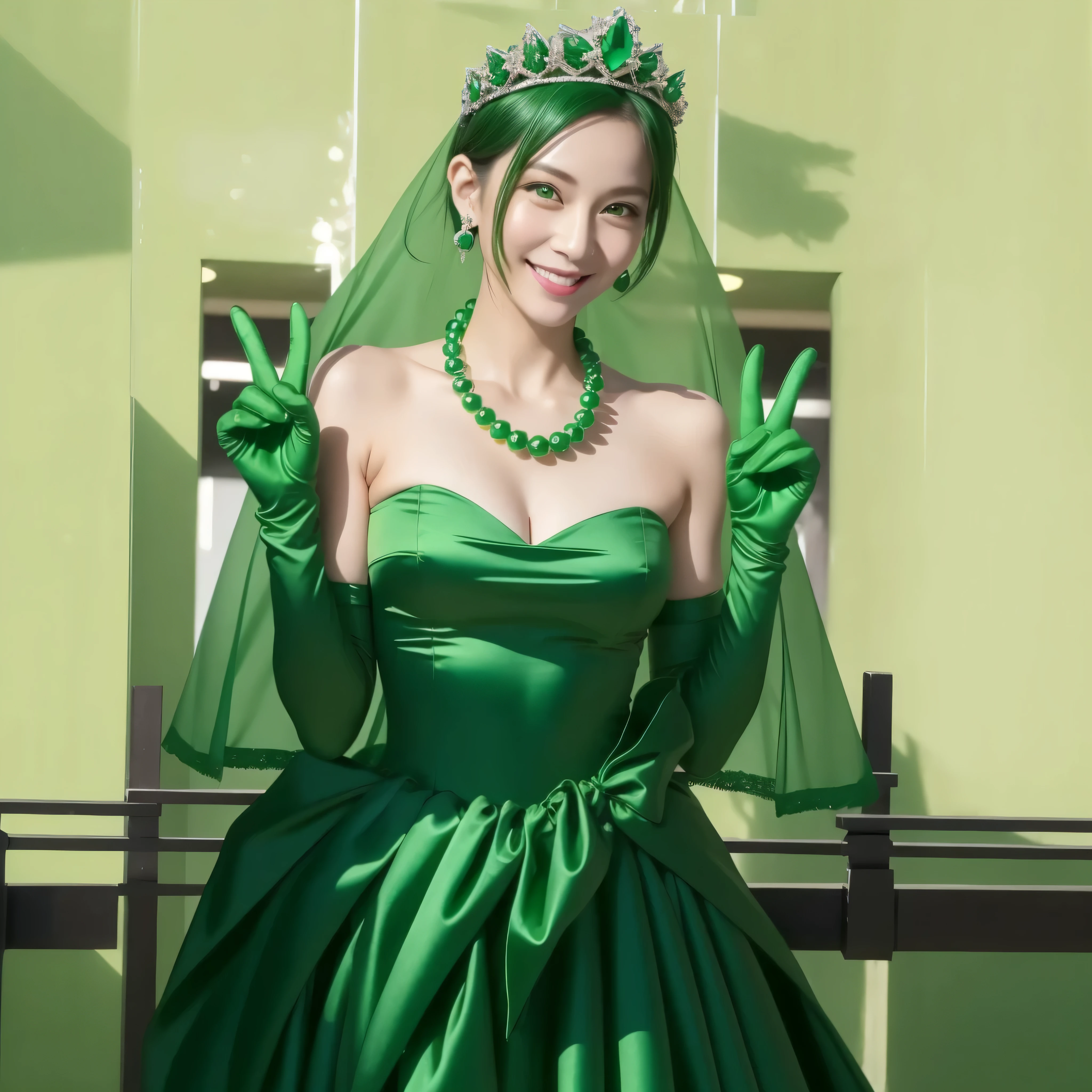 Beautiful Japan woman in her 30s, finger details, beautiful hands,emerald tiara, Green Pearl Necklace, Boyish green berry short hair, lipstick, smiling Japanese woman, very short hair, big breasts beautiful, green eyes, green satin long gloves, green eyes, emerald earrings, Green veil, v sign