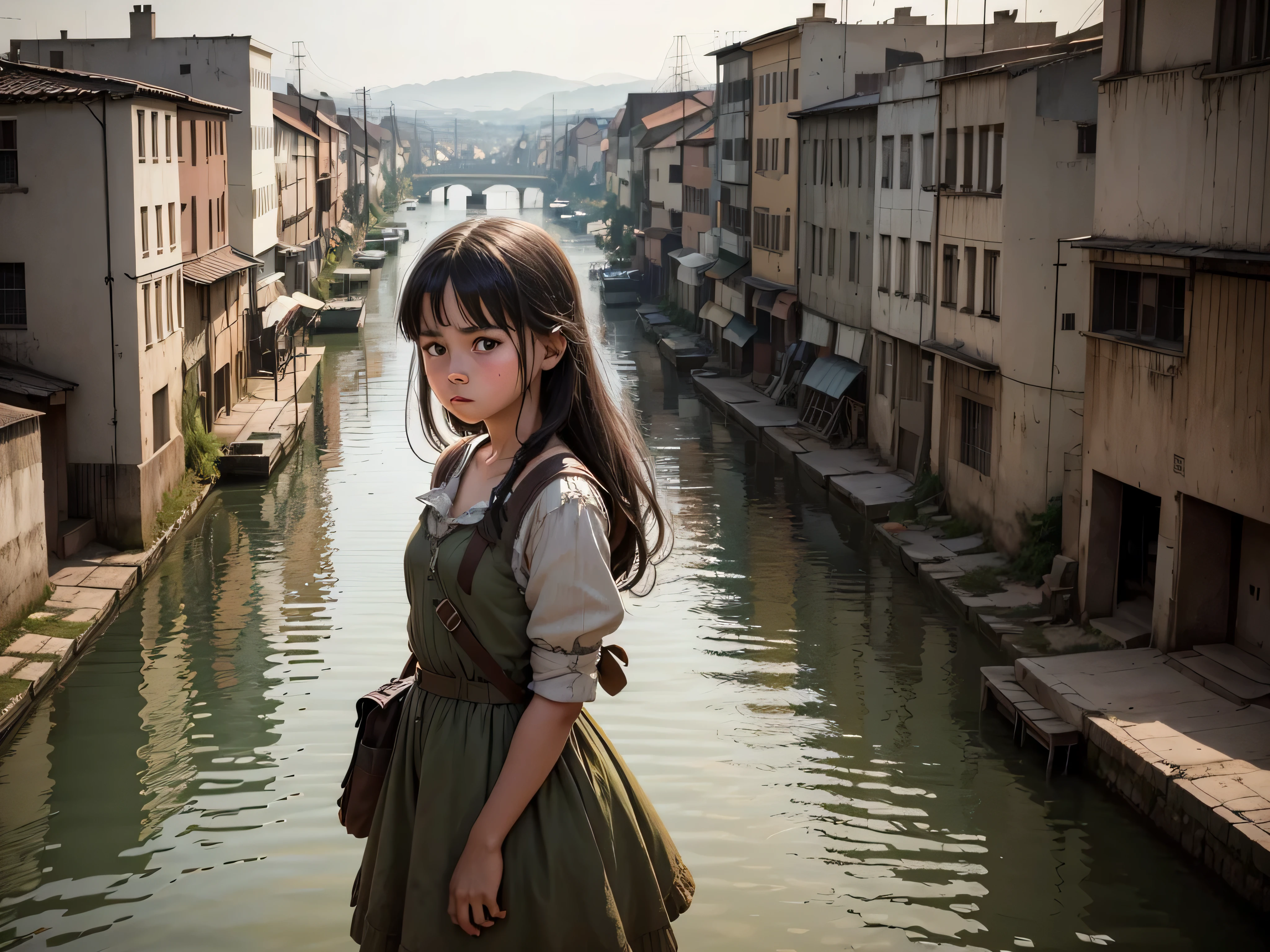 a girl in a  war that has devastated the town she is trying to get to the other side of the river