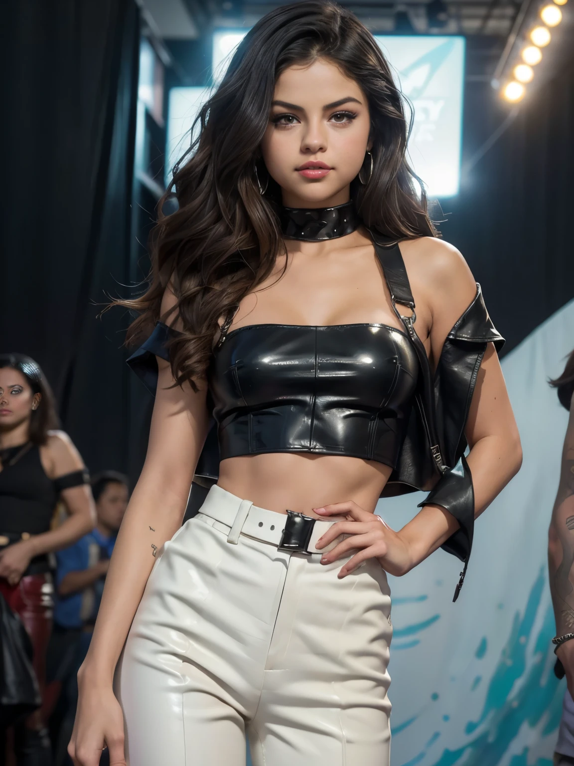 bigfaketits, nfsw, foto de Selena Gomez, uma mulher como estrela de cinema, model shoot style, (papel de parede CG Unit 8K extremamente detalhado), (fechar-se portrait:!.1), foto da obra de arte mais bonita do mundo, Professional majestic oil painting by Ed Blinkey, Atey Ghailan, Studio Ghibli, por Jeremy Mann, Greg Manchess, Antonio Moro, trends on artstation, trends at CGSociety, Intricado, alto detalhe, sharp focus, dramatic, arte de pintura fotorrealista de Midjourney e Greg Rutkowski, (pelagem marrom longa), (gola alta), ((Evento Comicon)), (leather pant), ((standing on the red carpet)), ((Paparazzi ao fundo)), (olhando para o espectador), (Alunos detalhados:1.3), (roupa moderna:1.2), (fechar-se), Red lips, (sombra)