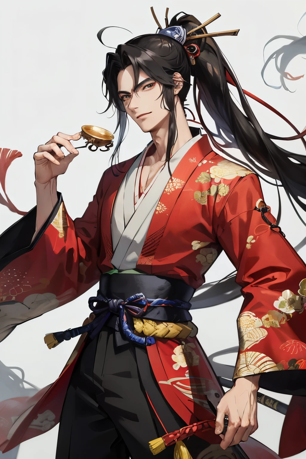 highres, sharp focus, pixiv masterpiece, ((intricate details)), highly detailed, yasuri_shichika, 1boy, male, stripe bead necklace, black hair, (spiked hair:1.1), ponytail, very long hair, red clothes, red open clothes, simple kimono, hakama <lora:Yasuri Shichika:0.8>