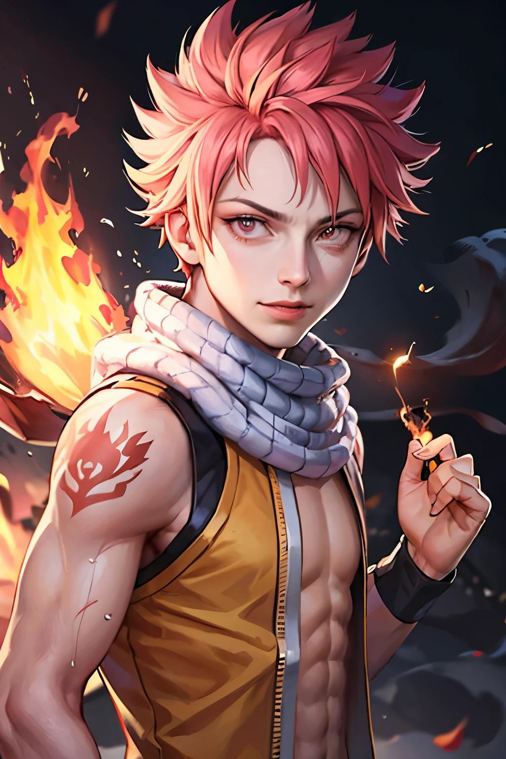 (4k,8k,best quality, masterpiece:1.2), ultra-detailed, realistic, perfect face, perfect nose, detailed hair, detailed eyes, detailed lipedium short shot))), realistic colors, studio lightning, small mouth, looking at viewer, happy, confident pose, natsu_dragneel, looking at viewer, pyrokinesis, 17s, fire, 1boy