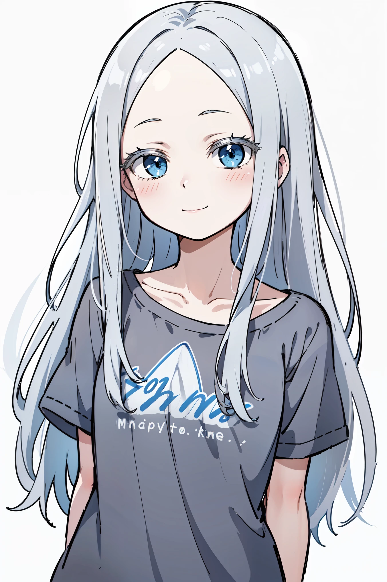 (masterpiece, best quality, ultra high quality, by quan, by mappa, sketch:1.1), ((portrait)), 1girl, solo, pandora, blue eyes, very long hair, grey hair, white hair, white eyelashes, forehead, blush, bangs, small breasts, , parted bangs, barefoot, cute smile, small smile, silly, (alternate costume), t-shirt, black shirt, oversized shirt, (arms behind back), upper body, standing,, isometric lightning, white background, simple background