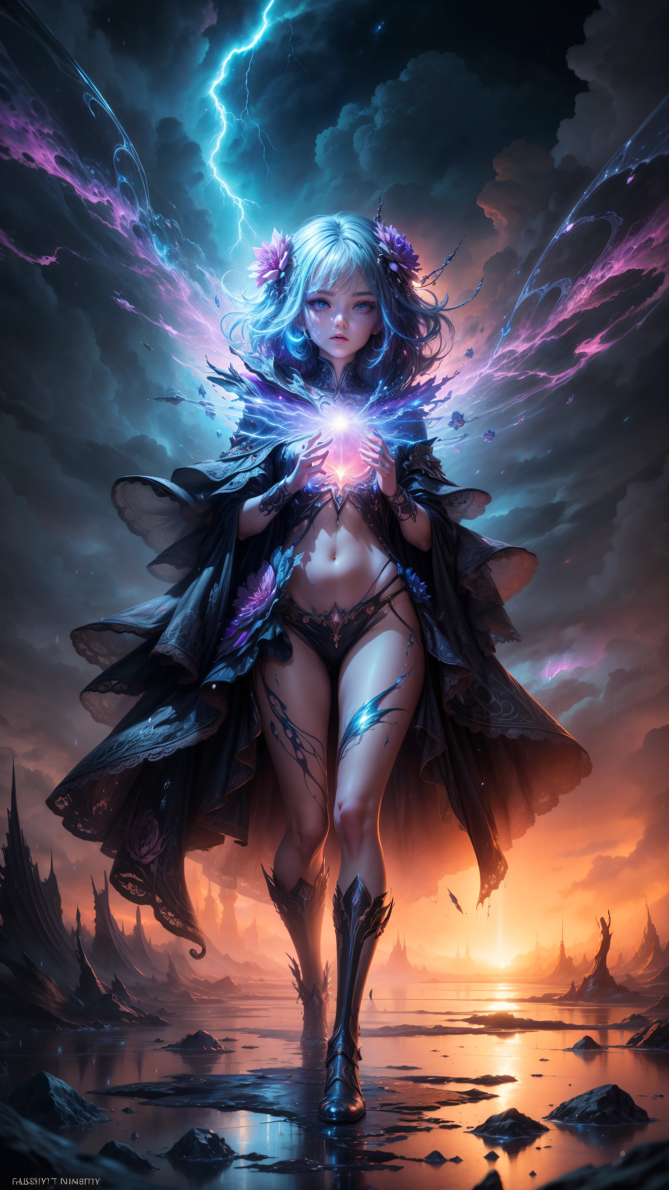 "((Fantasy art)) featuring an alien girl, detailed face, detailed eyes, detailed hands, immersed in a celestial symphony, clouds transforming into vibrant splashes, flowers scattered like notes in the wind, a visual orchestration of color and wonder", neon colors, rain, lightning, full body