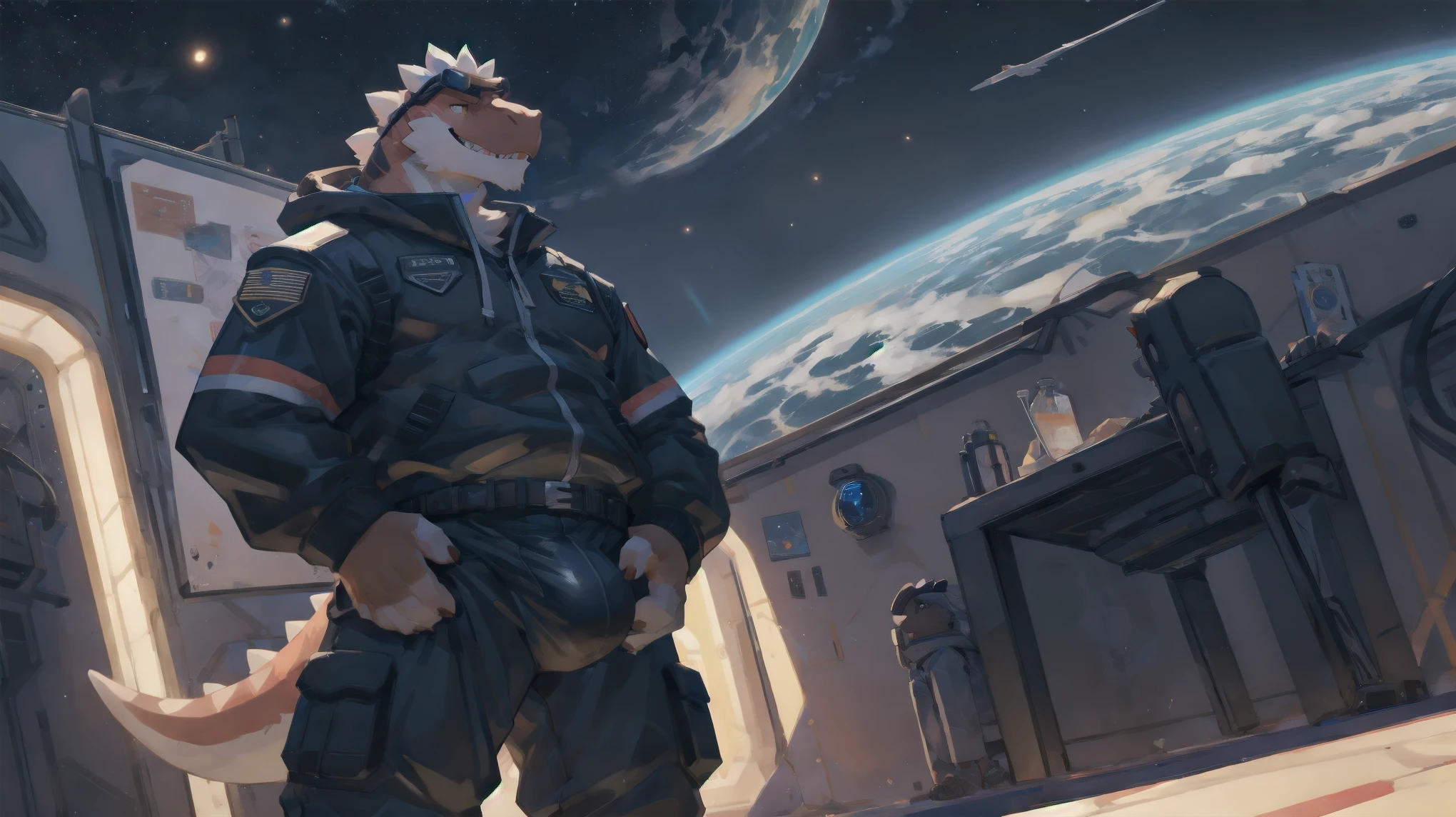 Solo, male, hands on hips, pulling pants down, by bigcozyorca, by goonie-san, by bebebebebe, by spikedmauler, facing viewer, black, black tyrannosaurus, bushy tail, buff, spacesuit, pulling pants down, showing off bulge, showing off, space observation deck background, open mouth, detailed mouth, tongue hanging out, drooling, smirking, eductive smile, lustful grin, bulge, bulging, hard bulge, adjusting hard bulge, adjusting bulge, adjusting crotch, masterbating, jacking off, touching dick