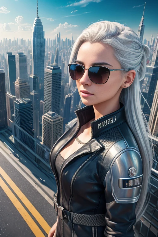 (best quality,4k,8k,highres,masterpiece:1.2),ultra-detailed,realistic:1.37,illustration,(sci-fi,futuristic:1.1),(portrait,concept artists:1.1), vibrant colors, soft lighting, shiny surface, silver hair, expressive eyes, stylish sunglasses, confident pose, graceful movement, skyscrapers surrounding her, holographic displays, flying vehicles, bustling city life
