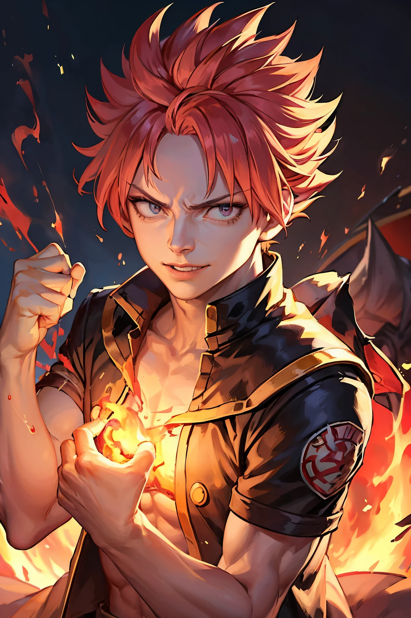 (4k,8k,best quality, masterpiece:1.2), ultra-detailed, realistic, perfect face, perfect nose, detailed hair, detailed eyes, detailed lipedium short shot))), realistic colors, studio lightning, small mouth, looking at viewer, happy, confident pose, natsu_dragneel, looking at viewer, pyrokinesis, 17s, fire, 1boy, fighting stance, red dragon, school uniform