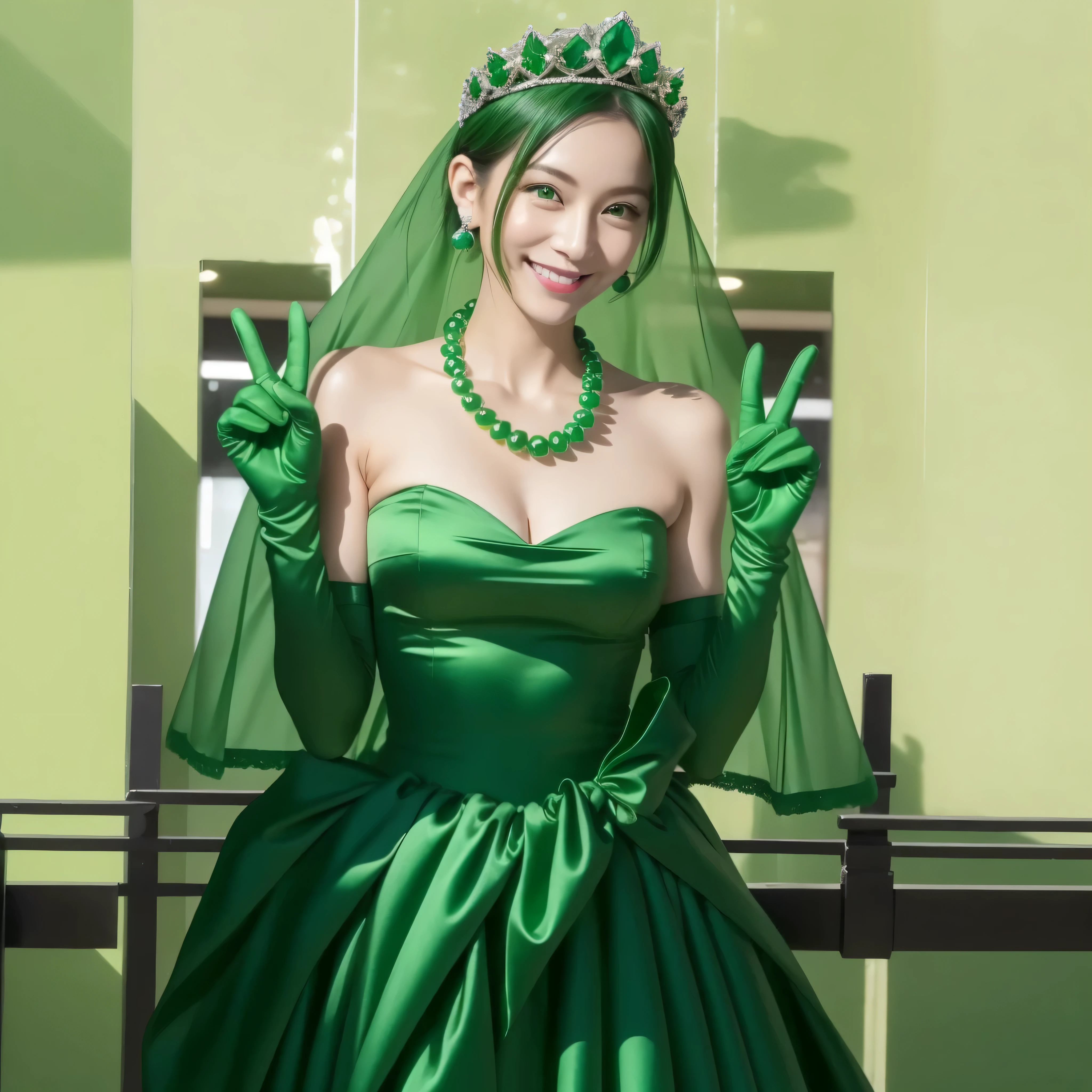 Beautiful Japan woman in her 30s, finger details, beautiful hands,emerald tiara, Green Pearl Necklace, Boyish green berry short hair, lipstick, smiling Japanese woman, very short hair, big breasts beautiful, green eyes, green satin long gloves, green eyes, emerald earrings, Green veil, v sign