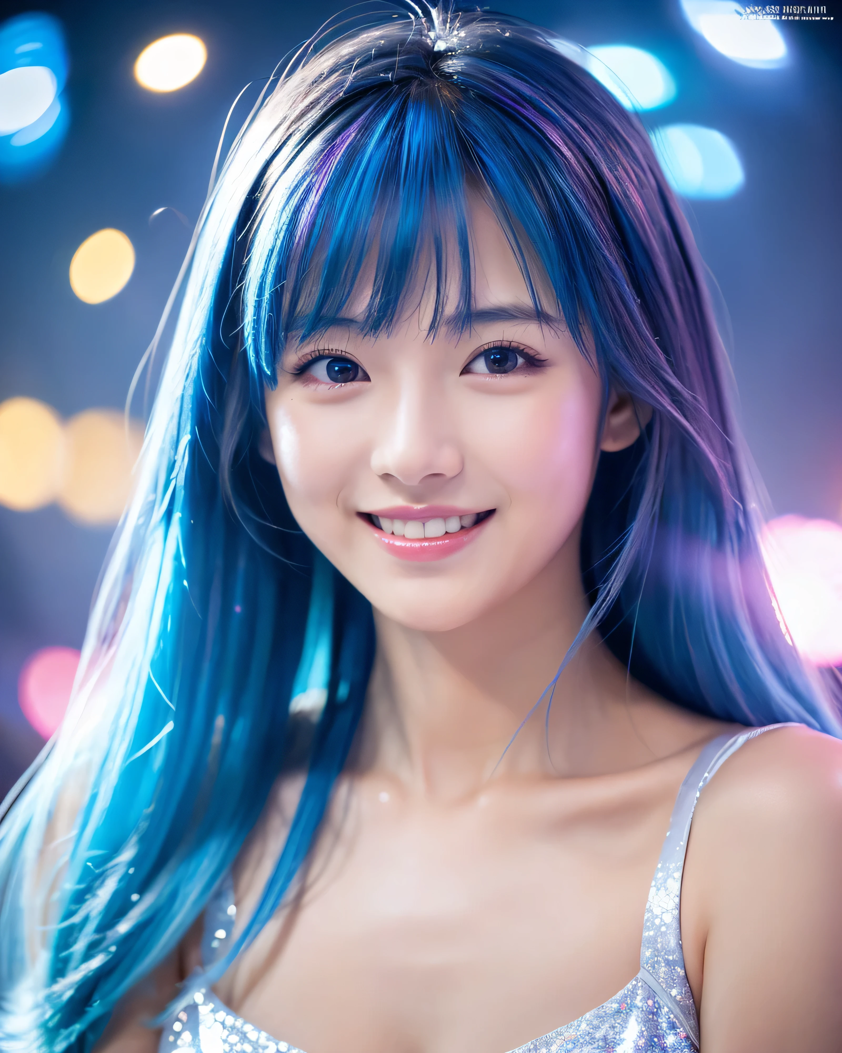 (highest quality, 8k, High resolution, masterpiece:1.5, ), beautiful japanese girl, perfect human anatomy, ((Ice blue hair)), Shiny long straight hair, asymmetrical bangs, big magic eyes, gentle smile, see-through white camisole, smooth and soft skin, Detailed and perfect clavicle, High resolutionの美しい胸元, soft and plump breasts, land of ice, ((The air is filled with colorful lights that sparkle like a starry sky.)), professional lighting, professional photographer