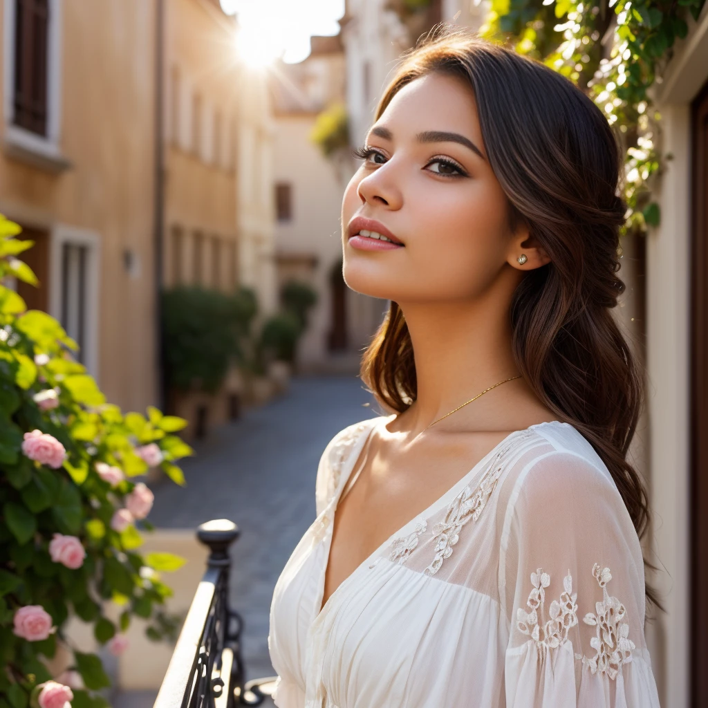 Hyperrealistic portrait of a young woman, 23 years old, with distinctive Latin features. Caramel-toned skin with a subtle golden glow, large, expressive amber eyes, framed by long black eyelashes. Voluminous hair, a rich chocolate shade, cascading over her shoulders and catching the evening light. Straight nose, full and rosy lips with a touch of natural shine.

She is standing on a wrought iron balcony, adorned with climbing plants and vibrant flowers, overlooking a cobblestone street of the old European city. The golden hour bathes the scene in soft, warm light, highlighting the contours and textures of her white linen summer dress, which she flutters in the light breeze.

The camera is a high-end DSLR with an 85mm f/1.2 prime lens setup, capturing a shallow depth of field that artistically blurs the background while maintaining crystal-clear sharpness on her face and foreground. The composition is careful, with the model slightly off-center to include the historic architecture and clear blue sky.

The image evokes a feeling of serenity and timeless beauty, with a color palette that complements the model's skin and the urban environment. Details such as the reflection of light on the silver accessories, the texture of the linen, and the pattern of shadows on her face are captured with exquisite precision.