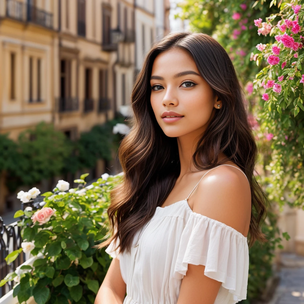 Hyperrealistic portrait of a young woman, 23 years old, with distinctive Latin features. Caramel-toned skin with a subtle golden glow, large, expressive amber eyes, framed by long black eyelashes. Voluminous hair, a rich chocolate shade, cascading over her shoulders and catching the evening light. Straight nose, full and rosy lips with a touch of natural shine.

She is standing on a wrought iron balcony, adorned with climbing plants and vibrant flowers, overlooking a cobblestone street of the old European city. The golden hour bathes the scene in soft, warm light, highlighting the contours and textures of her white linen summer dress, which she flutters in the light breeze.

The camera is a high-end DSLR with an 85mm f/1.2 prime lens setup, capturing a shallow depth of field that artistically blurs the background while maintaining crystal-clear sharpness on her face and foreground. The composition is careful, with the model slightly off-center to include the historic architecture and clear blue sky.

The image evokes a feeling of serenity and timeless beauty, with a color palette that complements the model's skin and the urban environment. Details such as the reflection of light on the silver accessories, the texture of the linen, and the pattern of shadows on her face are captured with exquisite precision.