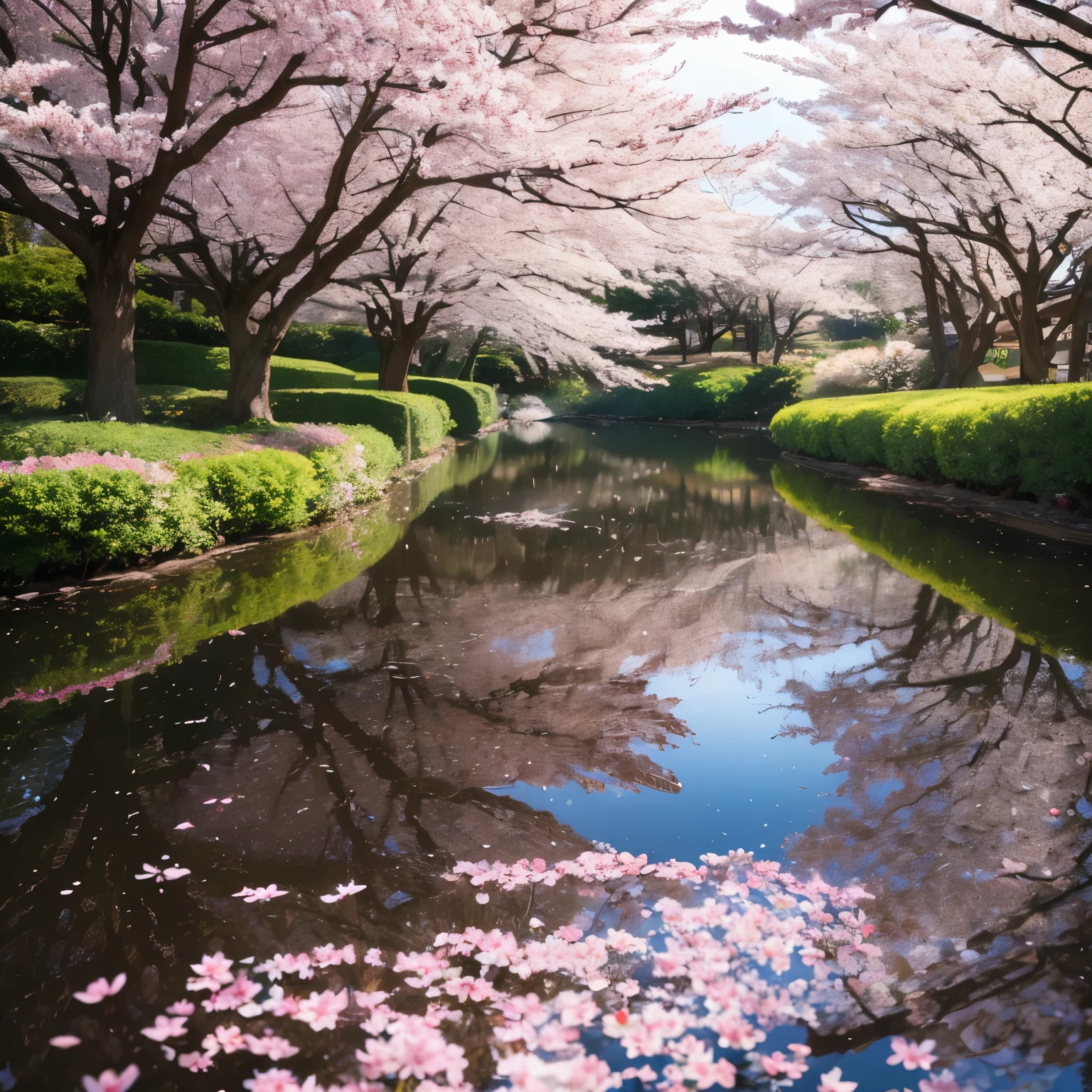 Romantic landscape style, Canon EOS 5D Mark IV, cherry blossom petals, Japanese sword floating on water,sparkling water reflection, high quality photos, photo material