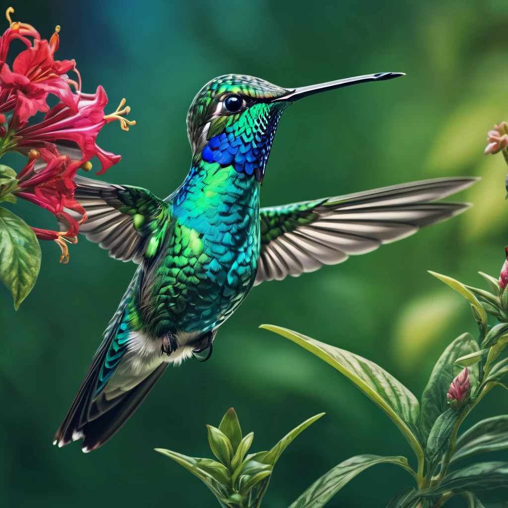 Hummingbird, aesthetic, extremely detailed, a blue and green hummingbird in a garden. hyper-realistic. maximalist, intricate details, HDR, beautifully shot, hyperrealistic, sharp focus,  megapixels, perfect composition, high contrast, cinematic, atmospheric, moody