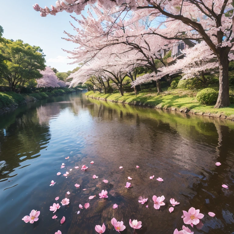 Romantic landscape style, realistic, cherry blossom petals, Japanese sword floating on the river,No characters,sparkling water reflection, high quality photos, photo material
