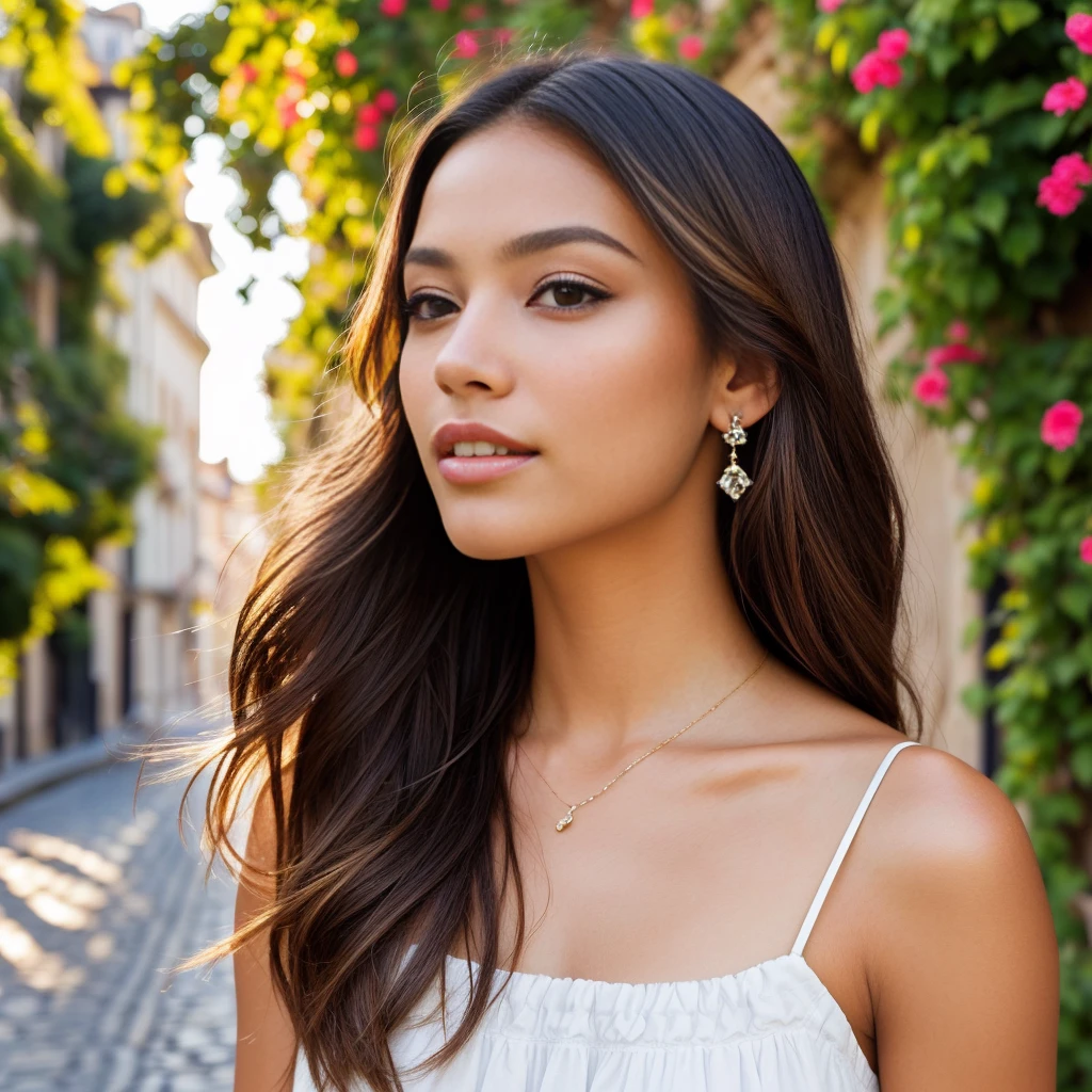 Hyperrealistic portrait of a young woman, 23 years old, with distinctive Latin features. Caramel-toned skin with a subtle golden glow, large and expressive amber eyes, she is facing the shot, framed by long black eyelashes. Voluminous hair, a rich chocolate shade, cascading over her shoulders and catching the evening light. Straight nose, full and rosy lips with a touch of natural shine.
She is standing on a wrought iron balcony, adorned with climbing plants and vibrant flowers, overlooking a cobblestone street of the old European city. The golden hour bathes the scene in soft, warm light, highlighting the contours and textures of her white linen summer dress, which she flutters in the light breeze.
The camera is a high-end DSLR with an 85mm f/1.2 prime lens setup, capturing a shallow depth of field that artistically blurs the background while maintaining crystal-clear sharpness on the face and foreground of it. The composition is careful, with the model slightly off-center to include the historic architecture and clear blue sky.
The image evokes a feeling of serenity and timeless beauty, with a color palette that complements the model's skin and the urban environment. Details such as the reflection of light on the silver accessories, the texture of the linen, and the pattern of shadows on her face are captured with exquisite precision.