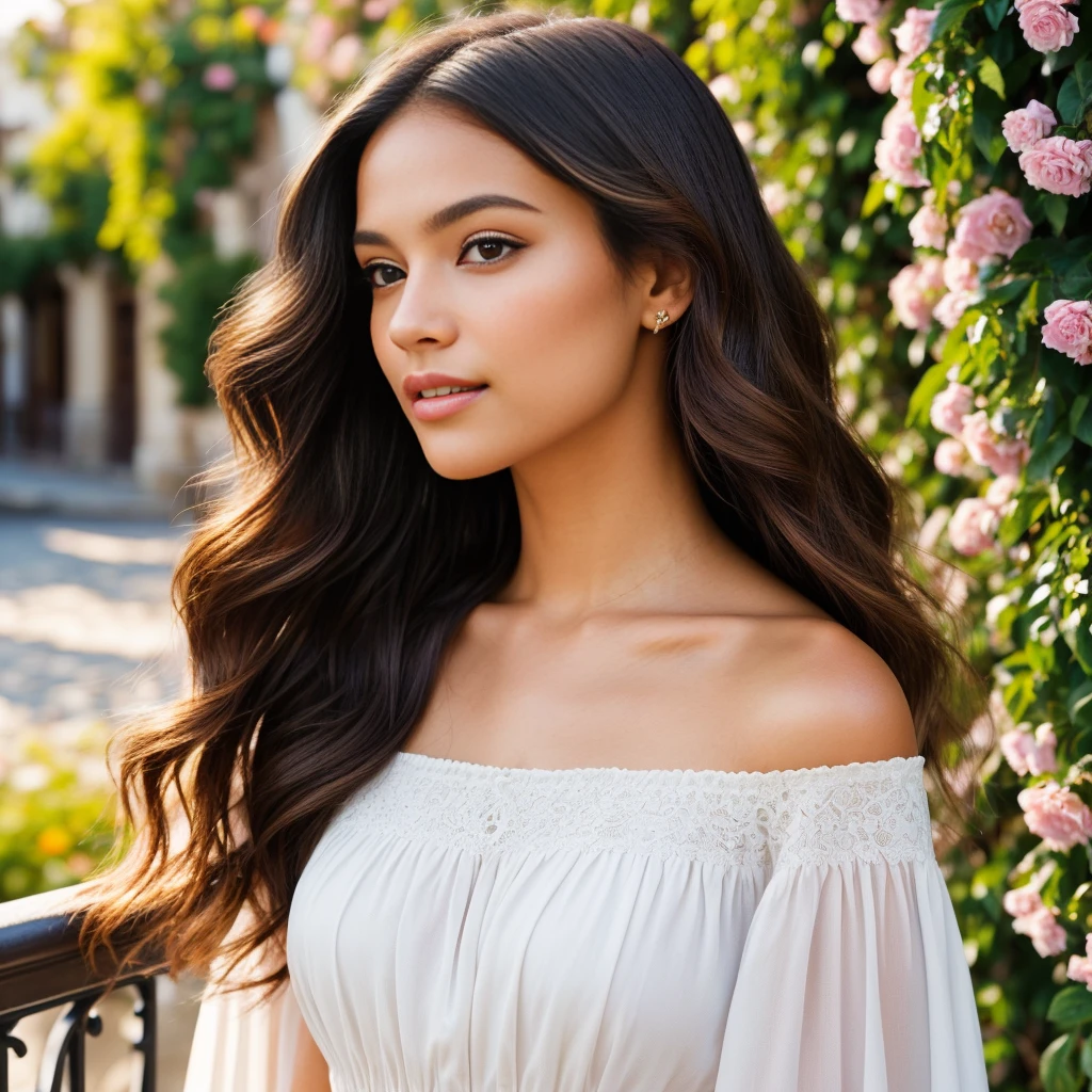Hyperrealistic portrait of a young woman, 23 years old, with distinctive Latin features. Caramel-toned skin with a subtle golden glow, large and expressive amber eyes, she is facing the shot, framed by long black eyelashes. Voluminous hair, a rich chocolate shade, cascading over her shoulders and catching the evening light. Straight nose, full and rosy lips with a touch of natural shine.
She is standing on a wrought iron balcony, adorned with climbing plants and vibrant flowers, overlooking a cobblestone street of the old European city. The golden hour bathes the scene in soft, warm light, highlighting the contours and textures of her white linen summer dress, which she flutters in the light breeze.
The camera is a high-end DSLR with an 85mm f/1.2 prime lens setup, capturing a shallow depth of field that artistically blurs the background while maintaining crystal-clear sharpness on the face and foreground of it. The composition is careful, with the model slightly off-center to include the historic architecture and clear blue sky.
The image evokes a feeling of serenity and timeless beauty, with a color palette that complements the model's skin and the urban environment. Details such as the reflection of light on the silver accessories, the texture of the linen, and the pattern of shadows on her face are captured with exquisite precision.