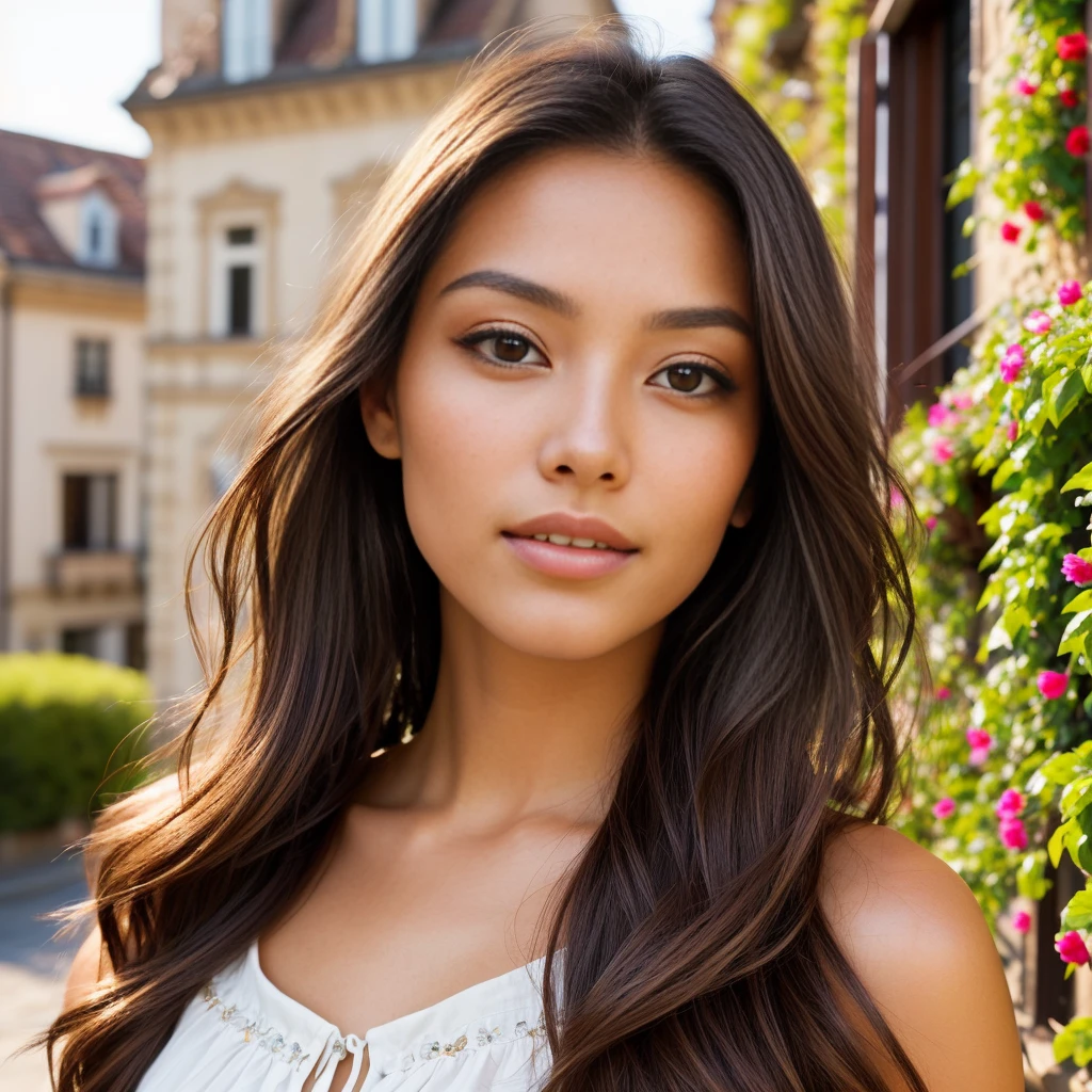 Hyperrealistic portrait of a young woman, 23 years old, with distinctive Latin features. Caramel-toned skin with a subtle golden glow, large and expressive amber eyes, she is facing the shot, framed by long black eyelashes. Voluminous hair, a rich chocolate shade, cascading over her shoulders and catching the evening light. Straight nose, full and rosy lips with a touch of natural shine.
She is standing on a wrought iron balcony, adorned with climbing plants and vibrant flowers, overlooking a cobblestone street of the old European city. The golden hour bathes the scene in soft, warm light, highlighting the contours and textures of her white linen summer dress, which she flutters in the light breeze.
The camera is a high-end DSLR with an 85mm f/1.2 prime lens setup, capturing a shallow depth of field that artistically blurs the background while maintaining crystal-clear sharpness on the face and foreground of it. The composition is careful, with the model slightly off-center to include the historic architecture and clear blue sky.
The image evokes a feeling of serenity and timeless beauty, with a color palette that complements the model's skin and the urban environment. Details such as the reflection of light on the silver accessories, the texture of the linen, and the pattern of shadows on her face are captured with exquisite precision.