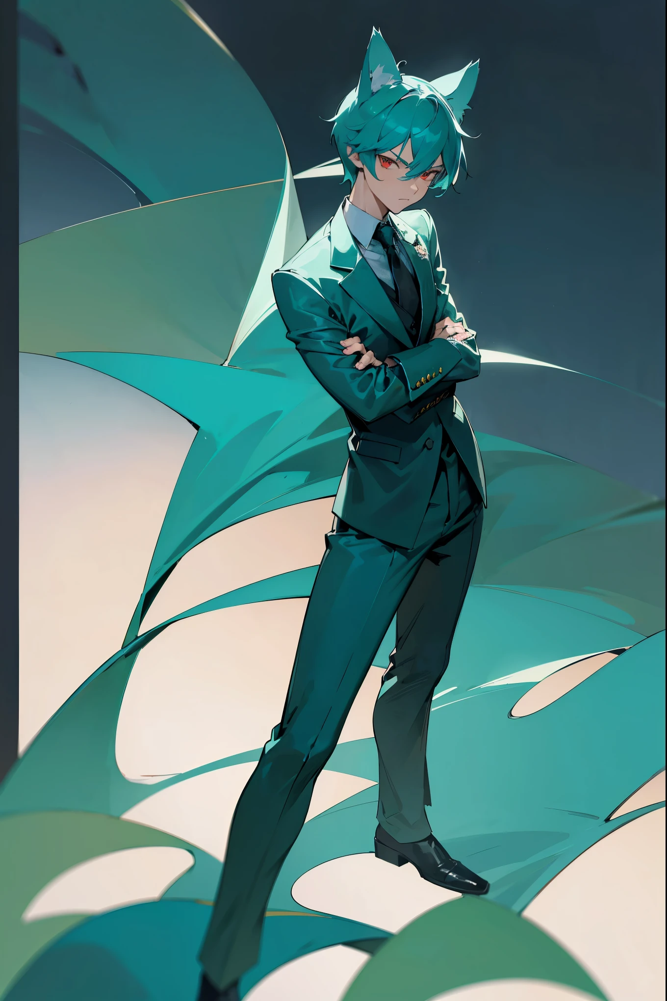 1male, teal, teal hair, cat boy, cat ears, teal skin, white and black suit, pant suit, red eyes, (guild hall background), detailed background, standing on path, arms crossed, serious expression, lean, muscle