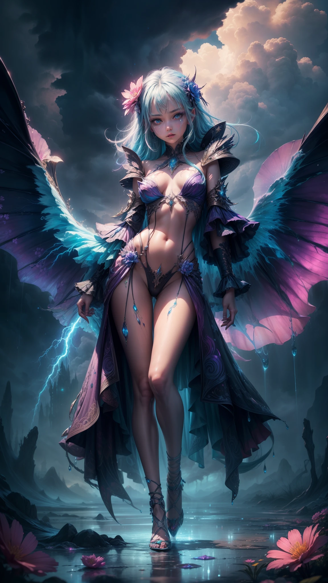 "((Fantasy art)) featuring an alien girl, detailed face, detailed eyes, detailed hands, immersed in a celestial symphony, clouds transforming into vibrant splashes, flowers scattered like notes in the wind, a visual orchestration of color and wonder", neon colors, rain, lightning, full body, water, neon birds