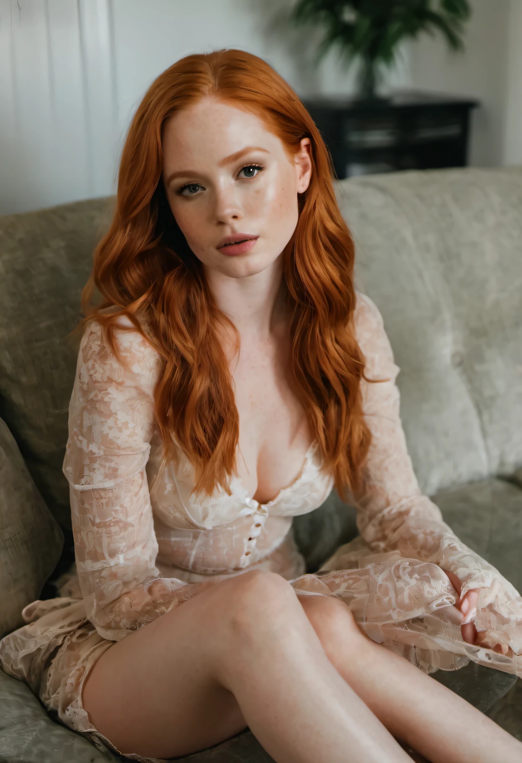 arafed woman sitting on a couch with her legs crossed, Madelaine Petsch, long ginger hair, wearing lingerie, infp young woman, by Emma Andijewska, solo photoshoot, red haired young woman, redhead girl, ellie bamber, photoshoot portrait, model body, slim waist, C-cup breats, sitting on chair, superresolution, ultrarealistic