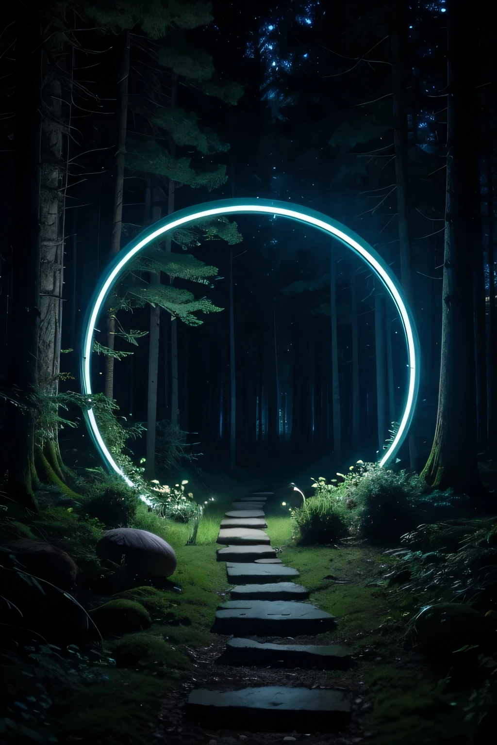 night dense forest. There is a full moon in the sky. a winding path leads to a dimly glowing oval portal. There are a lot of glowing mushrooms in the forest.